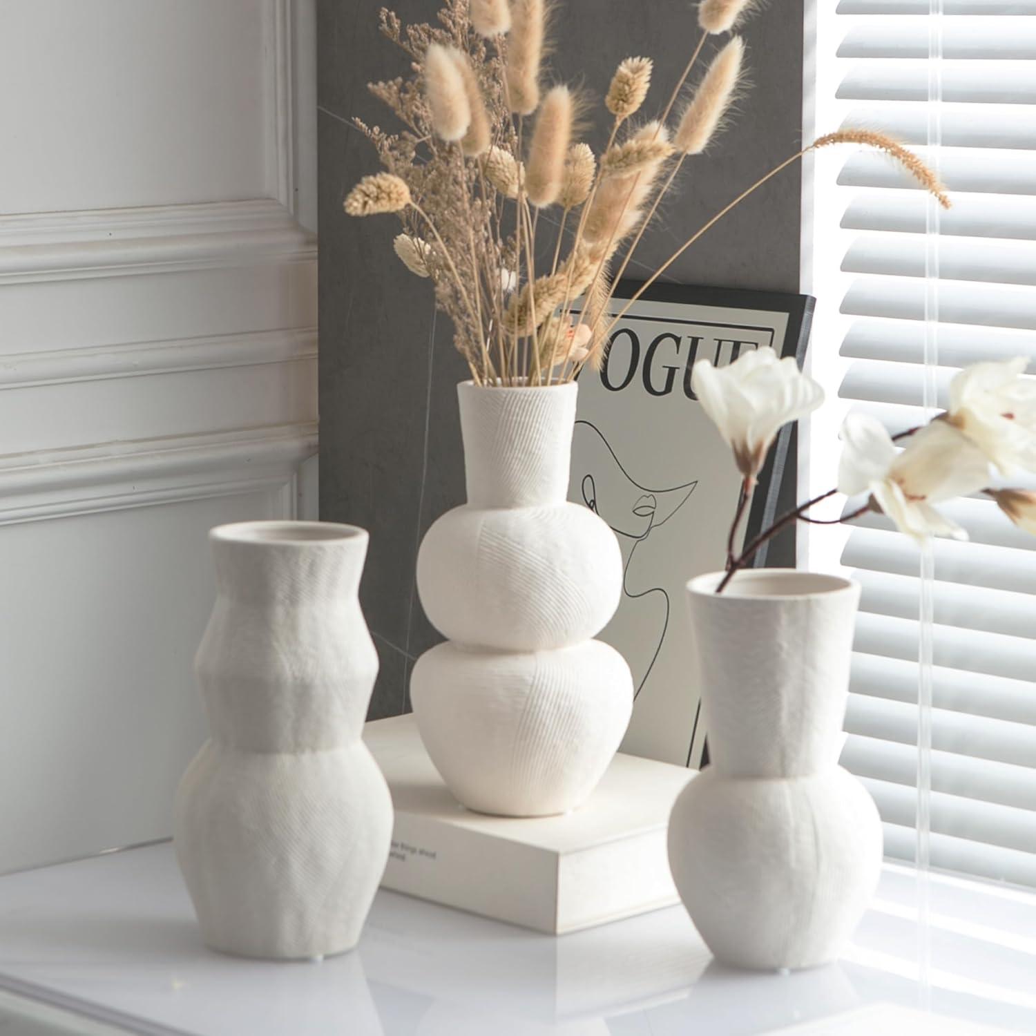 Matte White Textured Ceramic Vase Set of 3