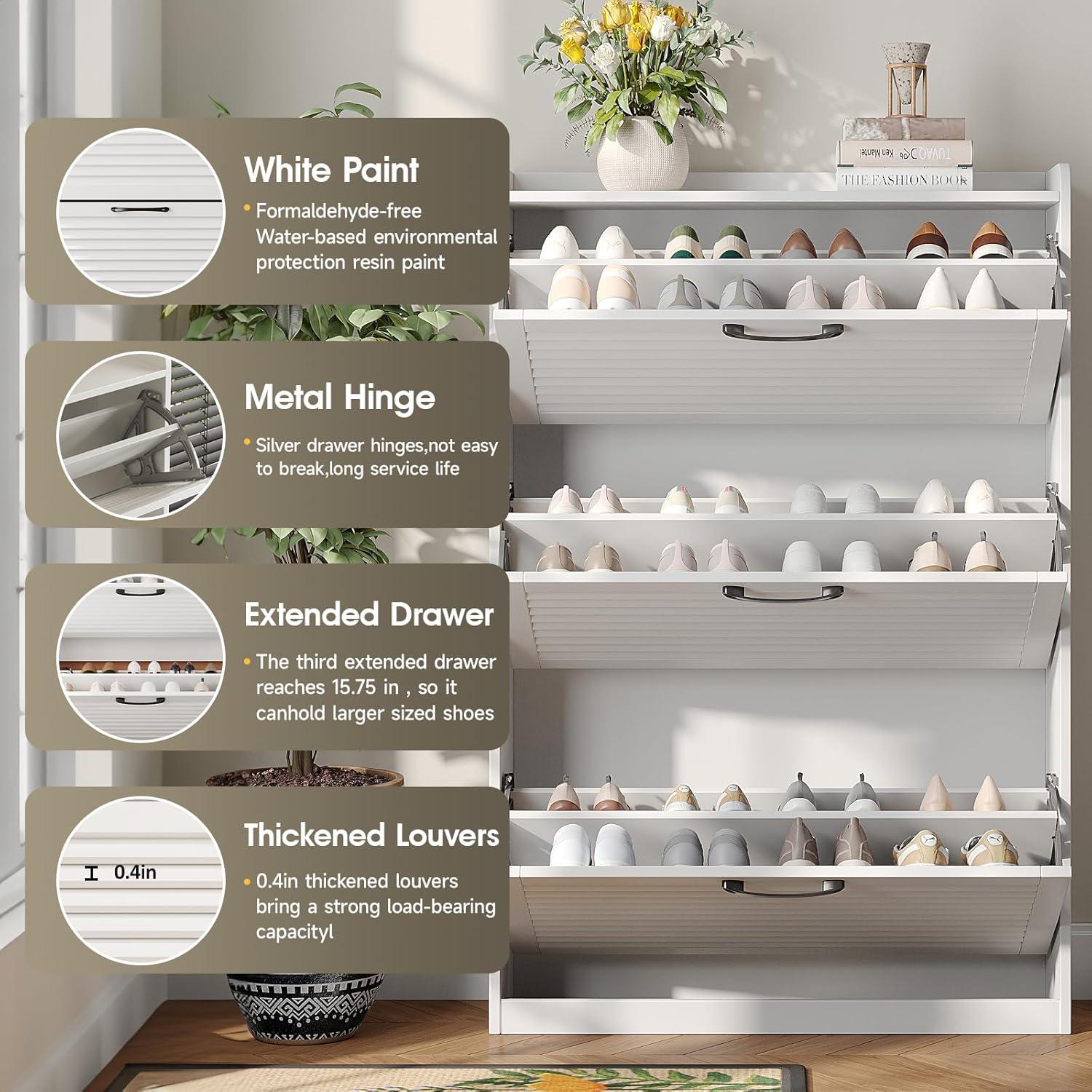 VEANERWOOD Shoe Storage Cabinet with 3 Flip Drawers Modern Shoe Rack Organizer for Entryway, White