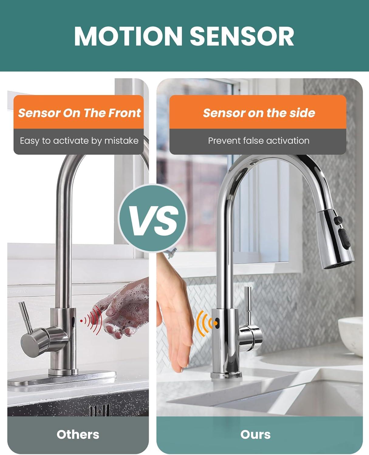 Touchless Kitchen Faucet Stainless Steel: WOWOW Smart Motion Sensor Kitchen Sink Faucet with Sprayer, Automatic Hand-Free Polished Chrome Kitchen Faucet for Sink 1 or 3 Hole