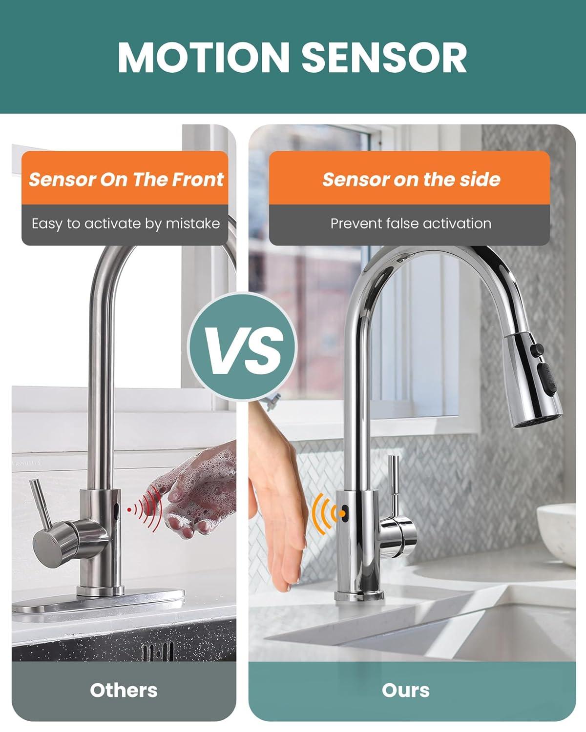 Touchless Kitchen Faucet Stainless Steel: WOWOW Smart Motion Sensor Kitchen Sink Faucet with Sprayer, Automatic Hand-Free Polished Chrome Kitchen Faucet for Sink 1 or 3 Hole