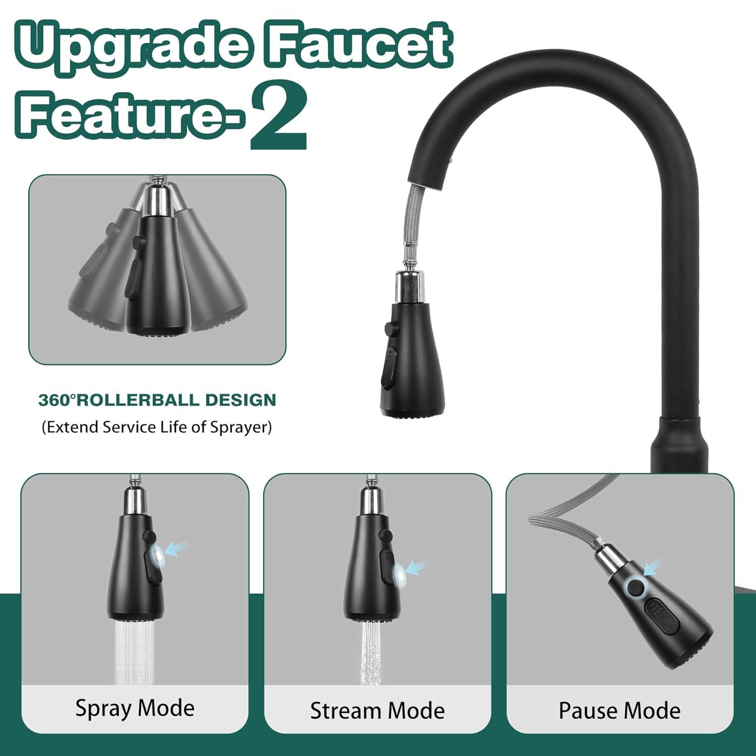 Black Kitchen Sink Faucet, Kitchen Faucet with Pull Down Sprayer, Stainless Steel Single Handle Faucet for Kitchen Sink with Deck Plate, Fitted for RV, Bar, Laundry, Apartments, Farmhouse