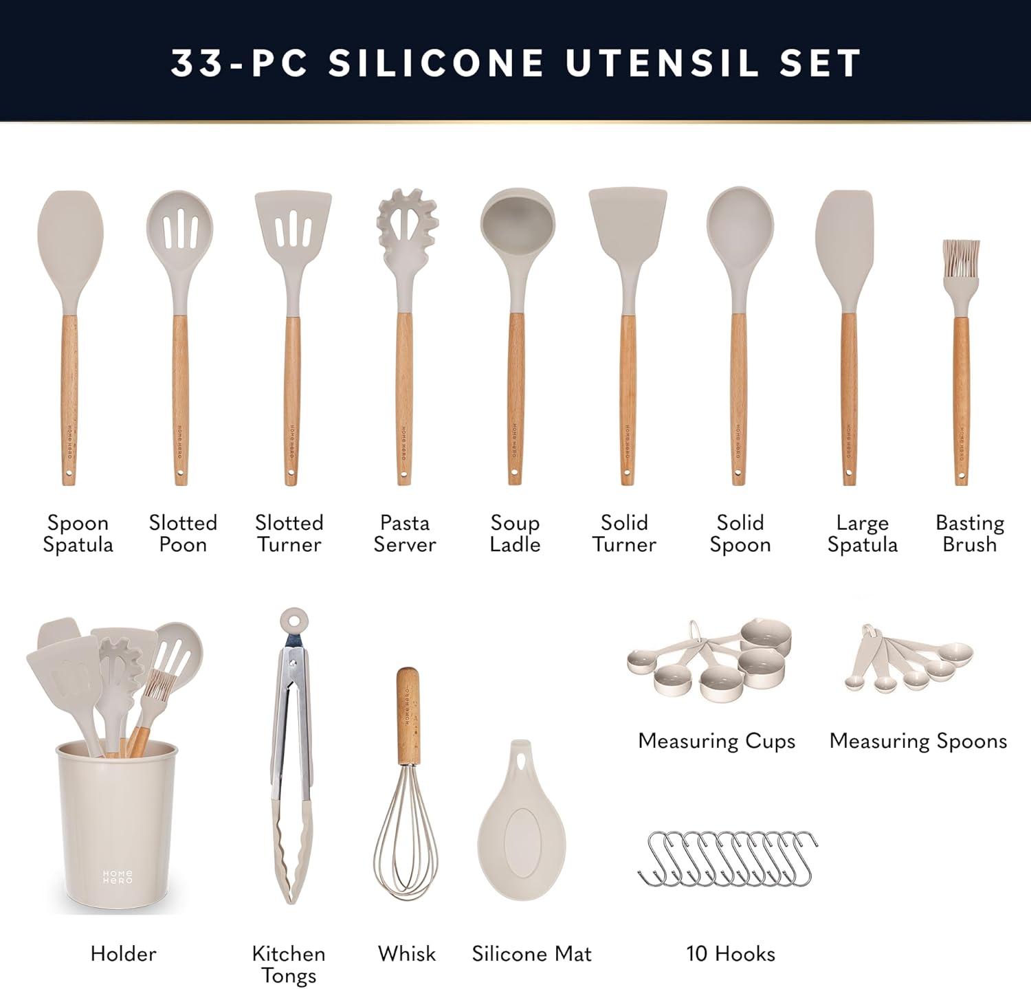 Silicone Cooking Utensils Set, 33 pcs Non-Stick Cooking Kitchen Utensils Set with Holder, Wooden Handle Gadgets Utensil Set (Khaki)