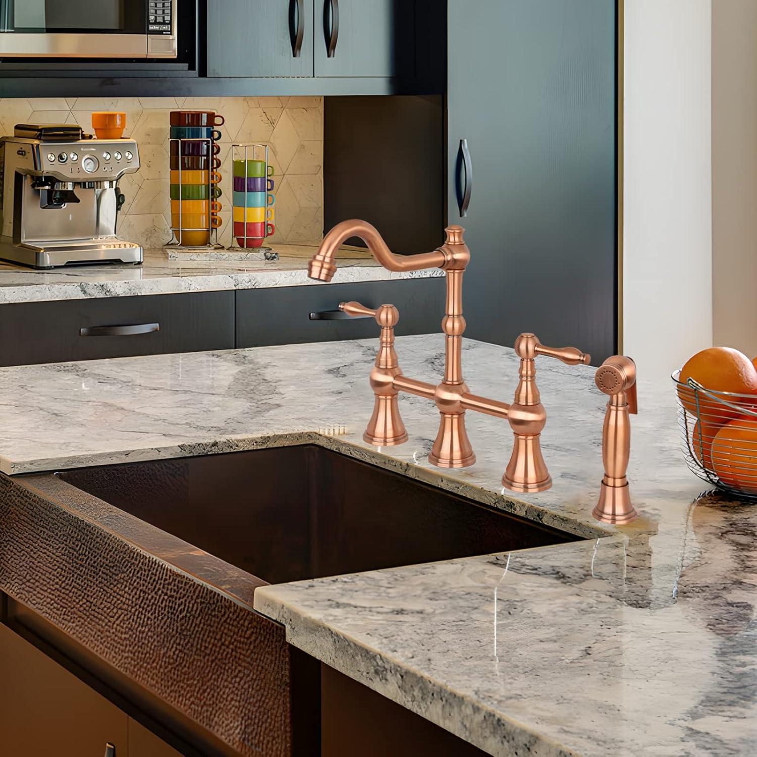 Double Handle Brushed Copper Bridge Kitchen Faucet with Sprayer