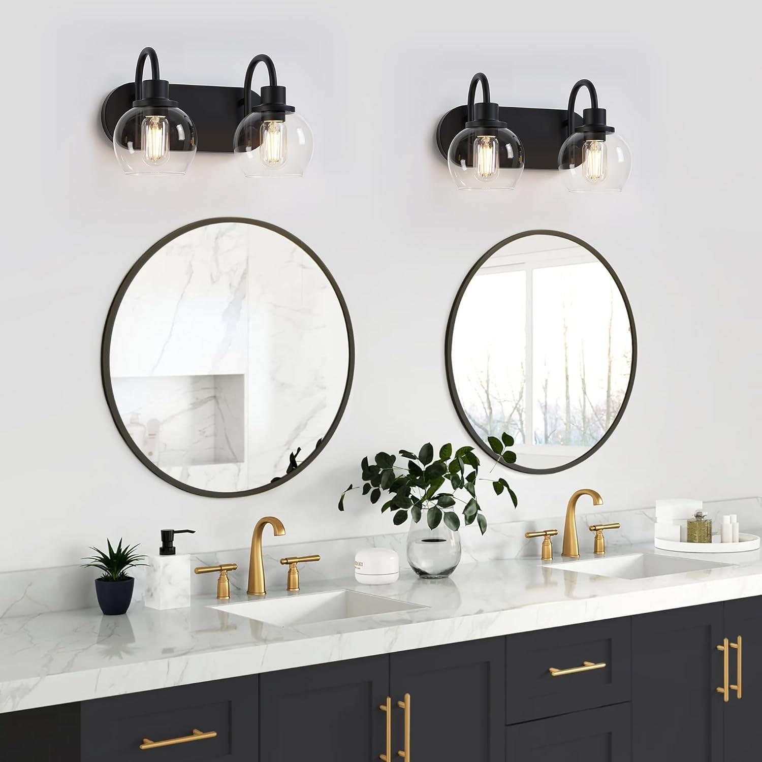 Modern 2-Light Vanity Light, Bathroom Lighting Fixture Over Mirror With Clear Glass Shade and Metal Base, Matte Black Wall Mounted for Bathroom