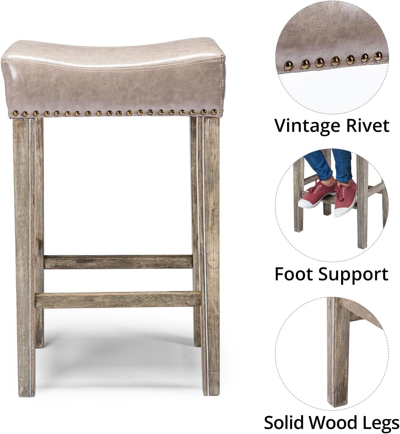 Lecut 26 Inch Wood Saddle Seat Barstool Set of 2 PU Leather Kitchen Counter Stools Nailhead Wood Pub-Height Saddle Stool Black