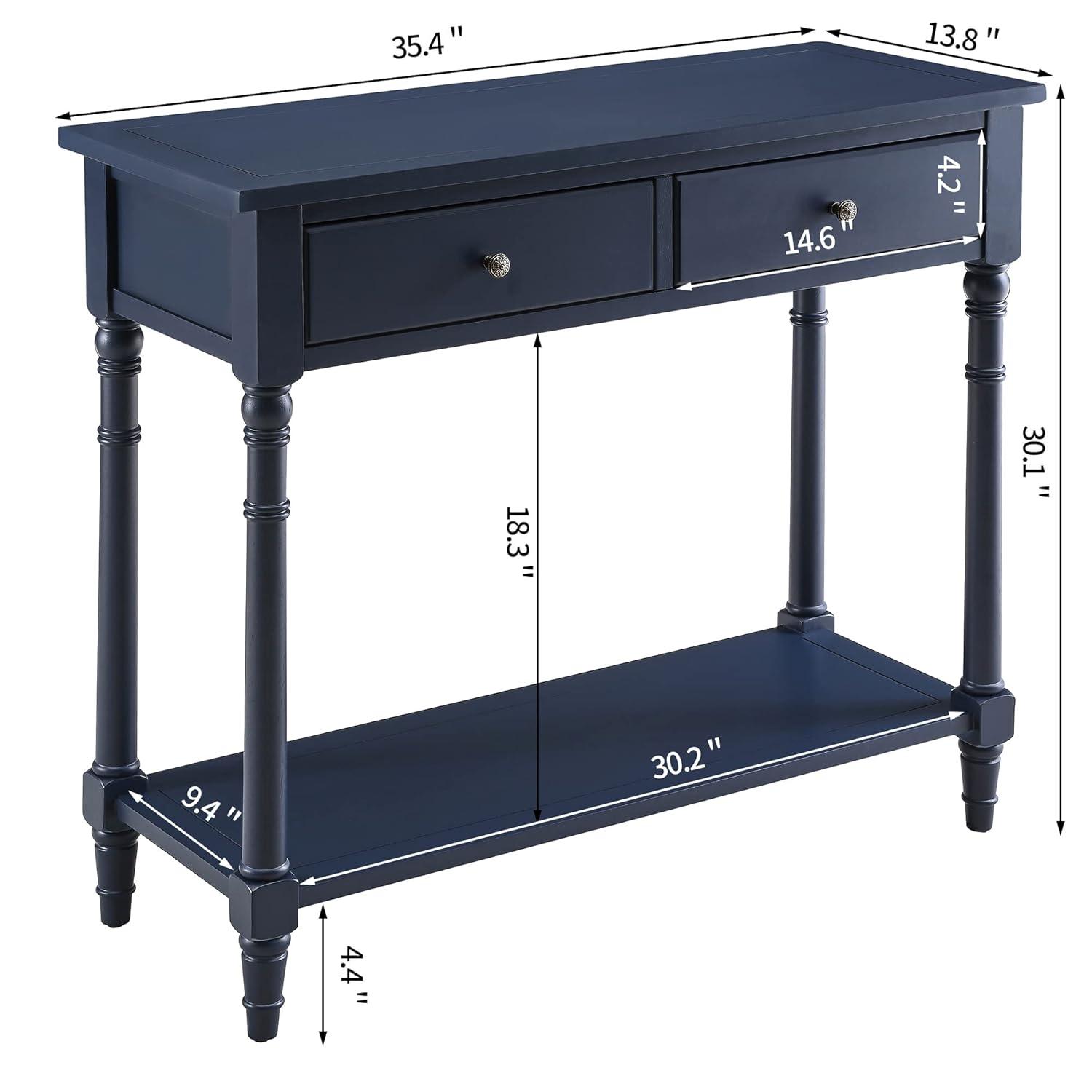Solid Wood Console Entry Table with 2 Drawers, Accent Sofa Table with Storage Shelf, Narrow Entryway Hall Table for Living Room Office Easy Assembly 35.54" L x 30" H x 13.78" W Blue SFZ-004BL