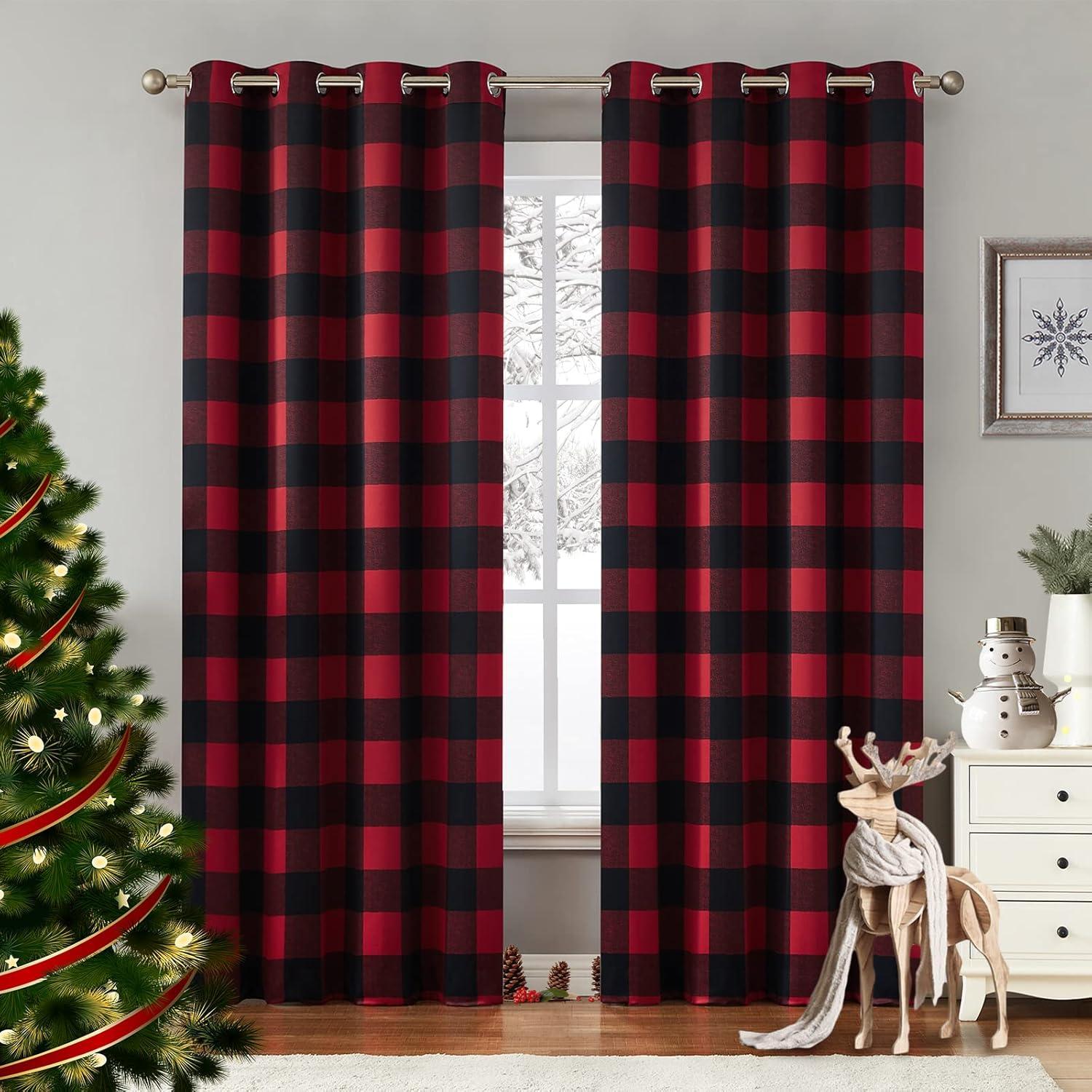 Buffalo Check Plaid Blackout Grommet Curtains, 84" Long, Black Red