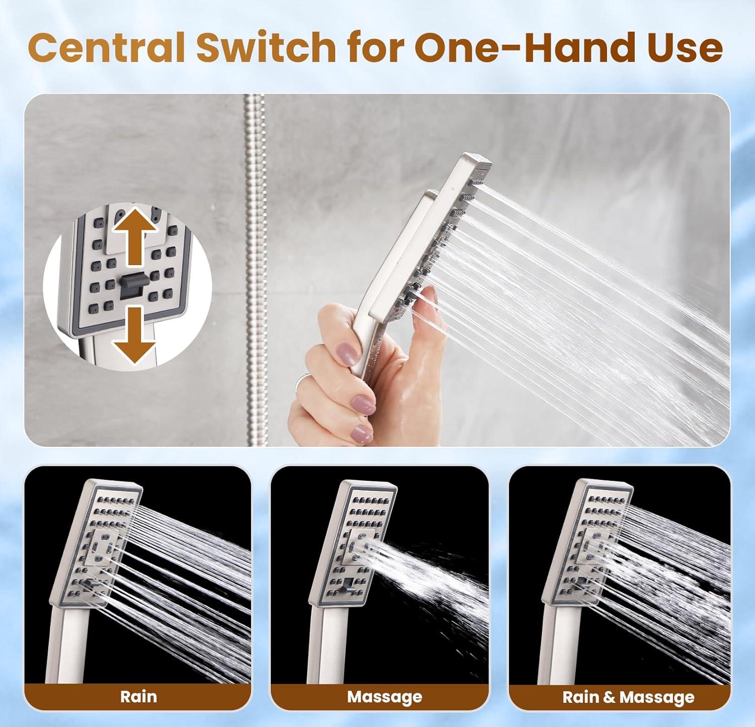 BRIGHT SHOWERS Rain Shower Head Combo, 8" Rainfall Shower with Handheld Spray, 60" Hose, 3-Way Diverter, Wall Bracket, Brushed Nickel