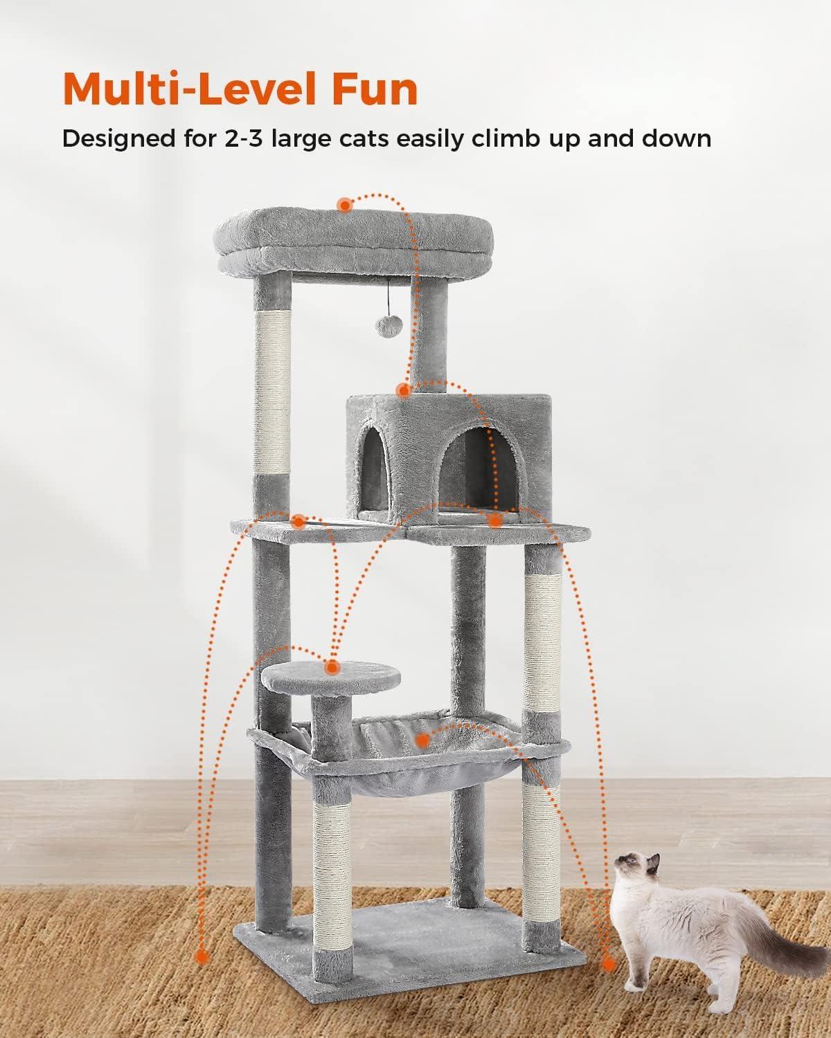 56.3" Indoor Multi-Level Tall Cat Tower With Large Hammock, Scratching Posts, Cozy Condo And Top Perch