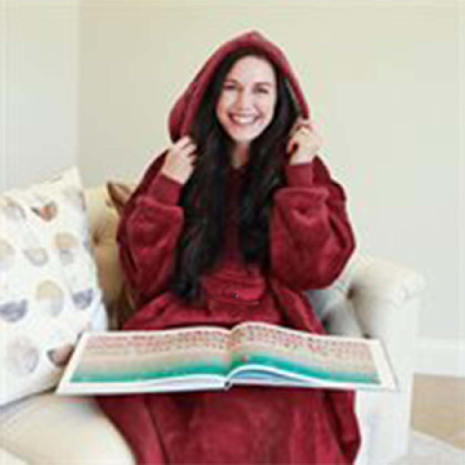 Womens Oversized Flannel Blanket Hoodie Sweatshirt, Plush Fleece Lined Lounging Pullover, Christmas Gift for Women (Dark Red) - Catalonia