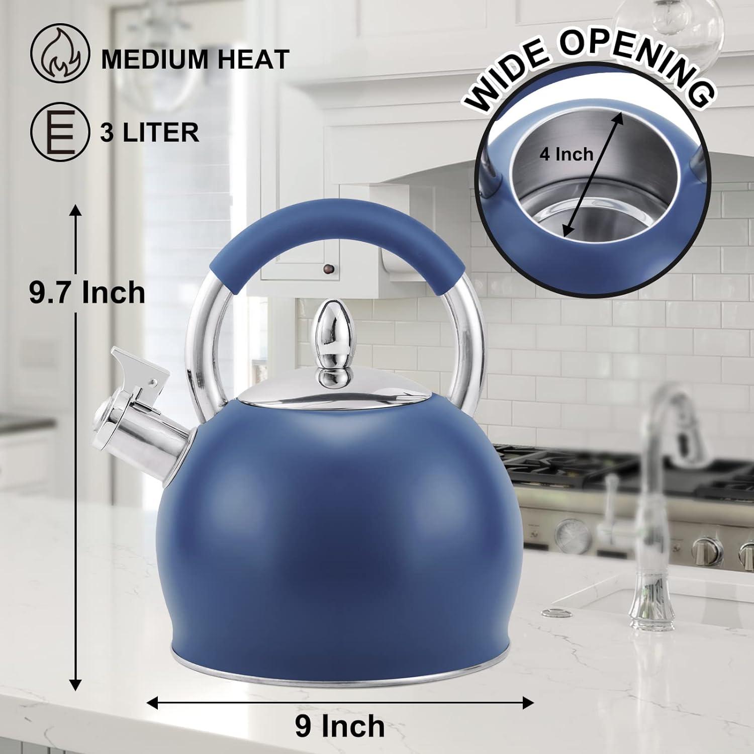 Blue Stainless Steel Whistling Tea Kettle with Silicone Handle 3.2 Quart