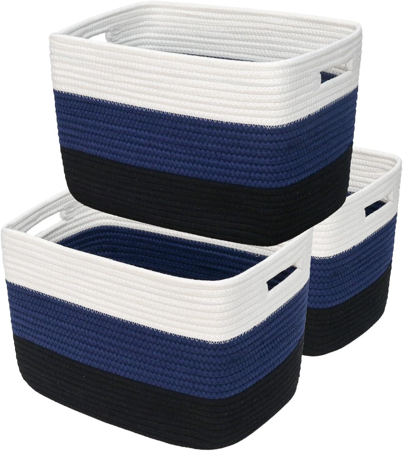 KOUROUU 3 Pack Cotton Rope Storage Basket Woven Shelf Storage Bin with Faux Leather Handles, Decorative Closet Shelf Woven Basket for Storage Organizers, 15 x 10 x 9, White/Gray