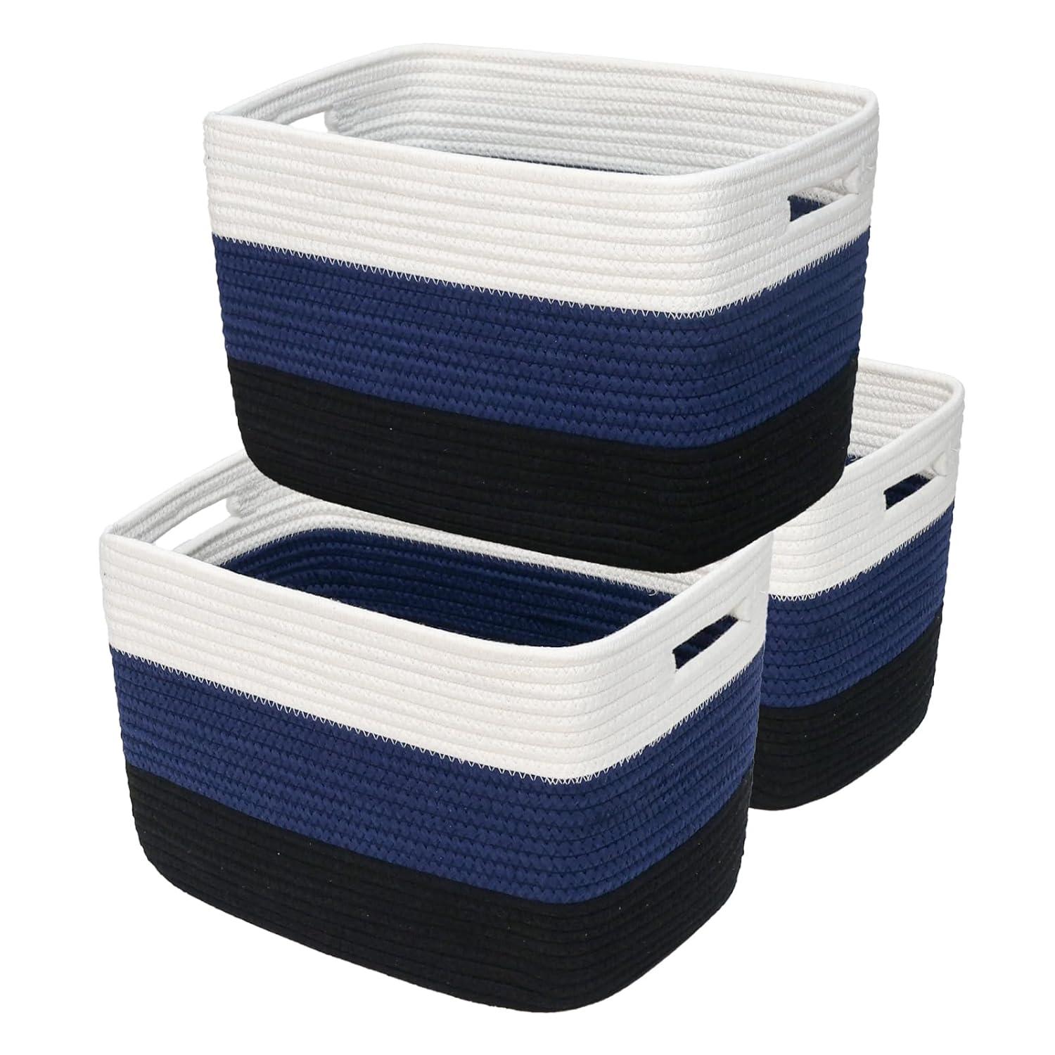 KOUROUU 3 Pack Cotton Rope Storage Basket Woven Shelf Storage Bin with Faux Leather Handles, Decorative Closet Shelf Woven Basket for Storage Organizers, 15 x 10 x 9, White/Gray