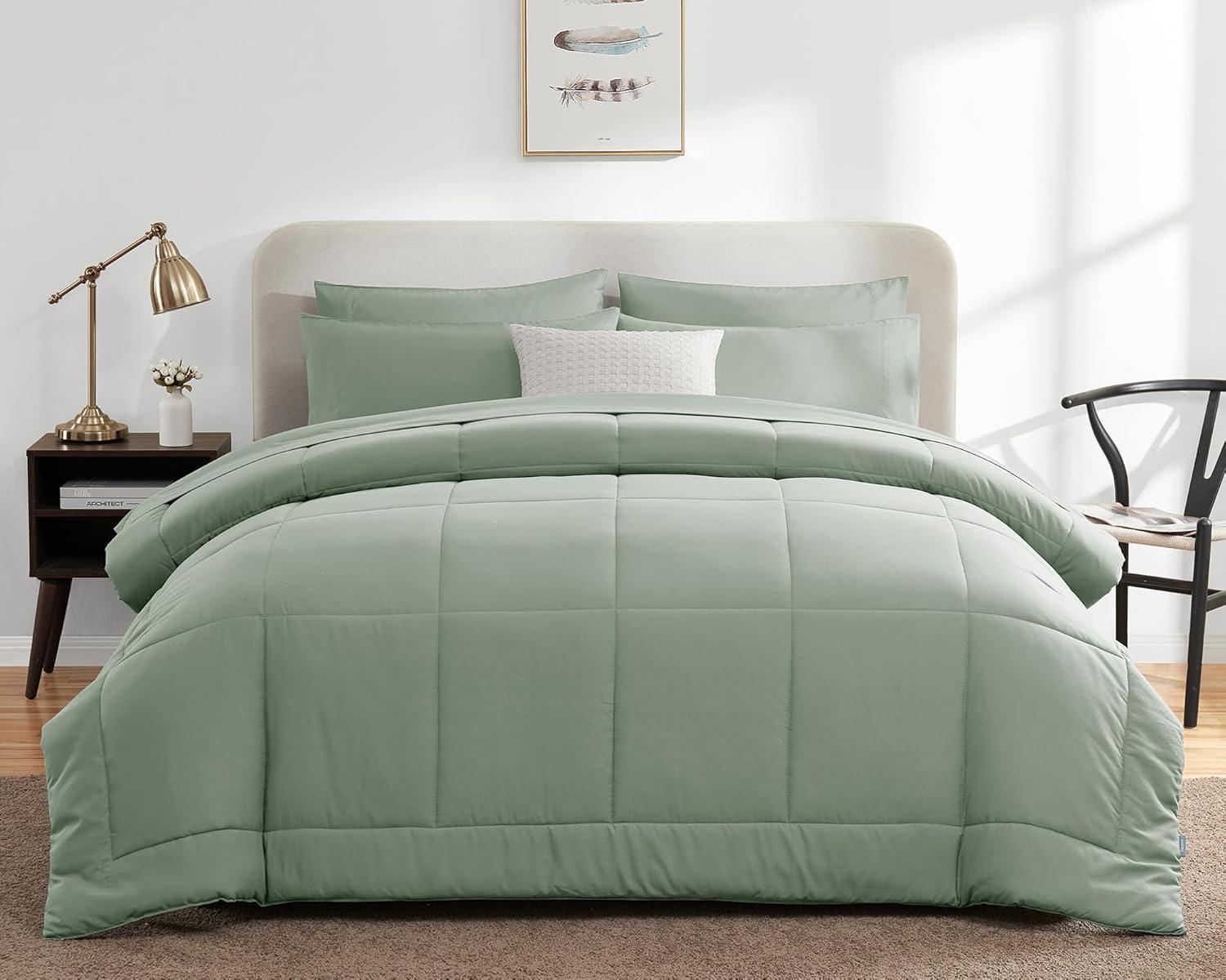 Cozy Comfort Sage Green King Size Comforter Set - 7 Pieces Solid King Bed in a Bag, King Bed Set Sage Green with Quilted Warm Fluffy Comforters, Sheets, Pillowcases & Shams