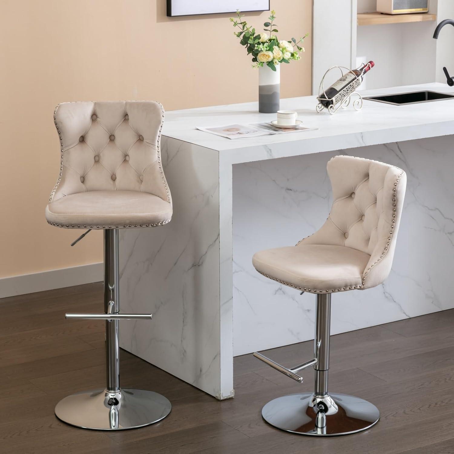 Beige Velvet Adjustable Swivel Bar Stools with Chrome Base, Set of 2