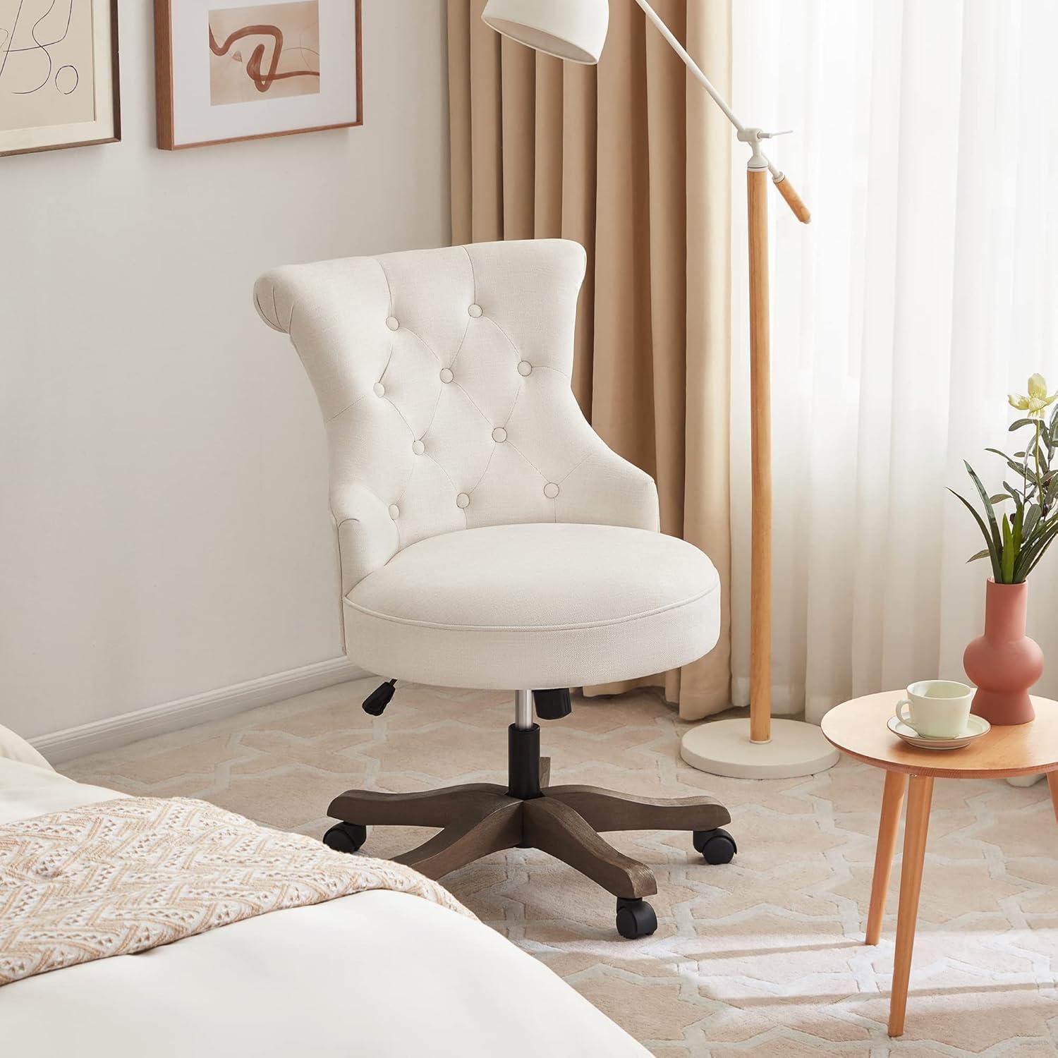 Beige Linen Upholstered Swivel Office Chair with Wooden Legs