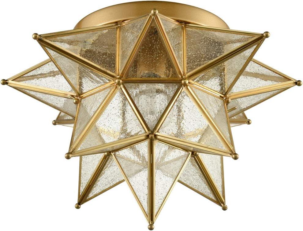 Modern Moroccan Seeded Glass Brass Moravian Star Flush Mount Ceiling Light
