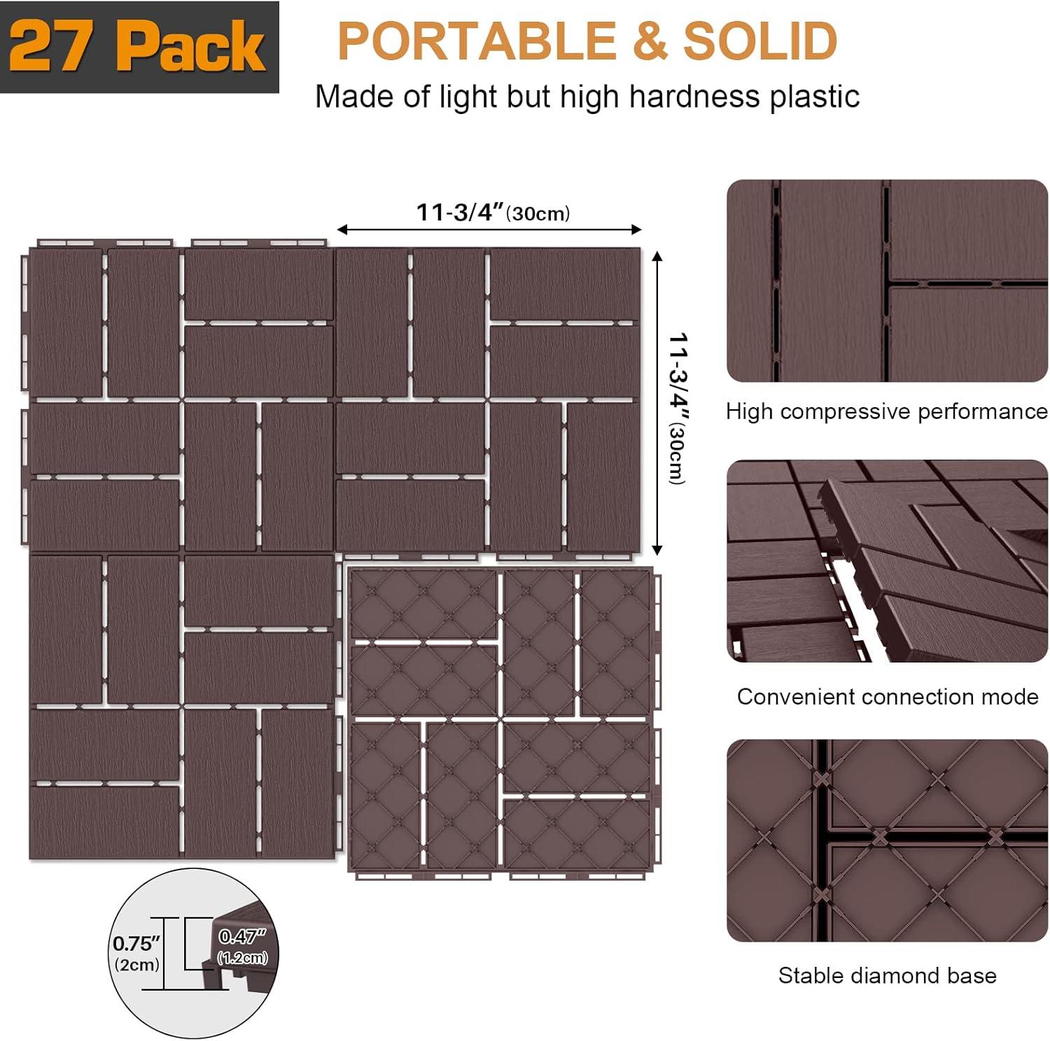 Dark Brown 12"x12" Interlocking Plastic Deck Tiles with Water Protection