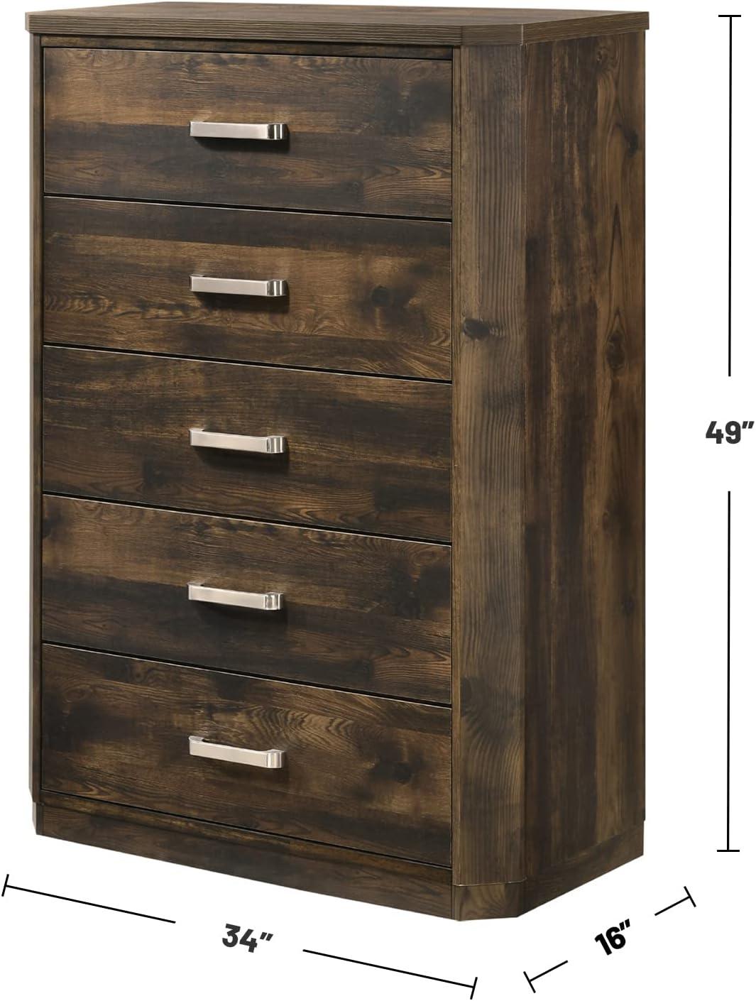 Elettra 5-Drawer Chest in Rustic Walnut with Sleek Rectangular Pulls