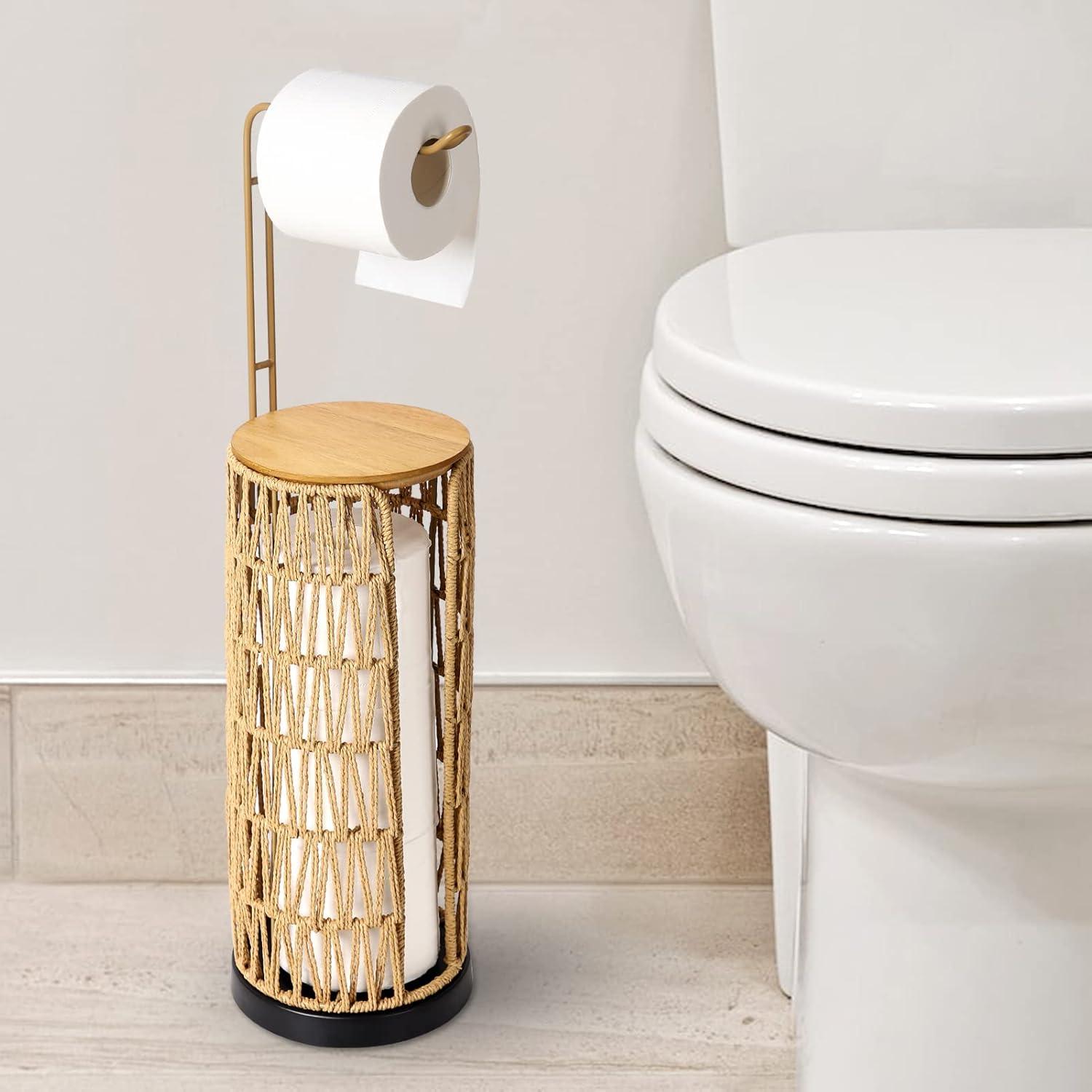 Freestanding Rattan Toilet Paper Holder with Storage, Natural Boho Design