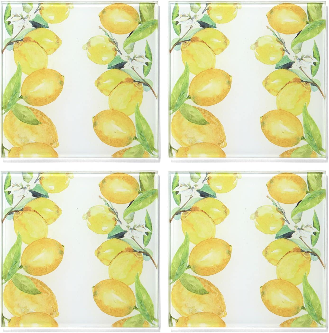American Atelier, Square, Yellow Glass Drink Coasters (Lemon Branches), Set of 4