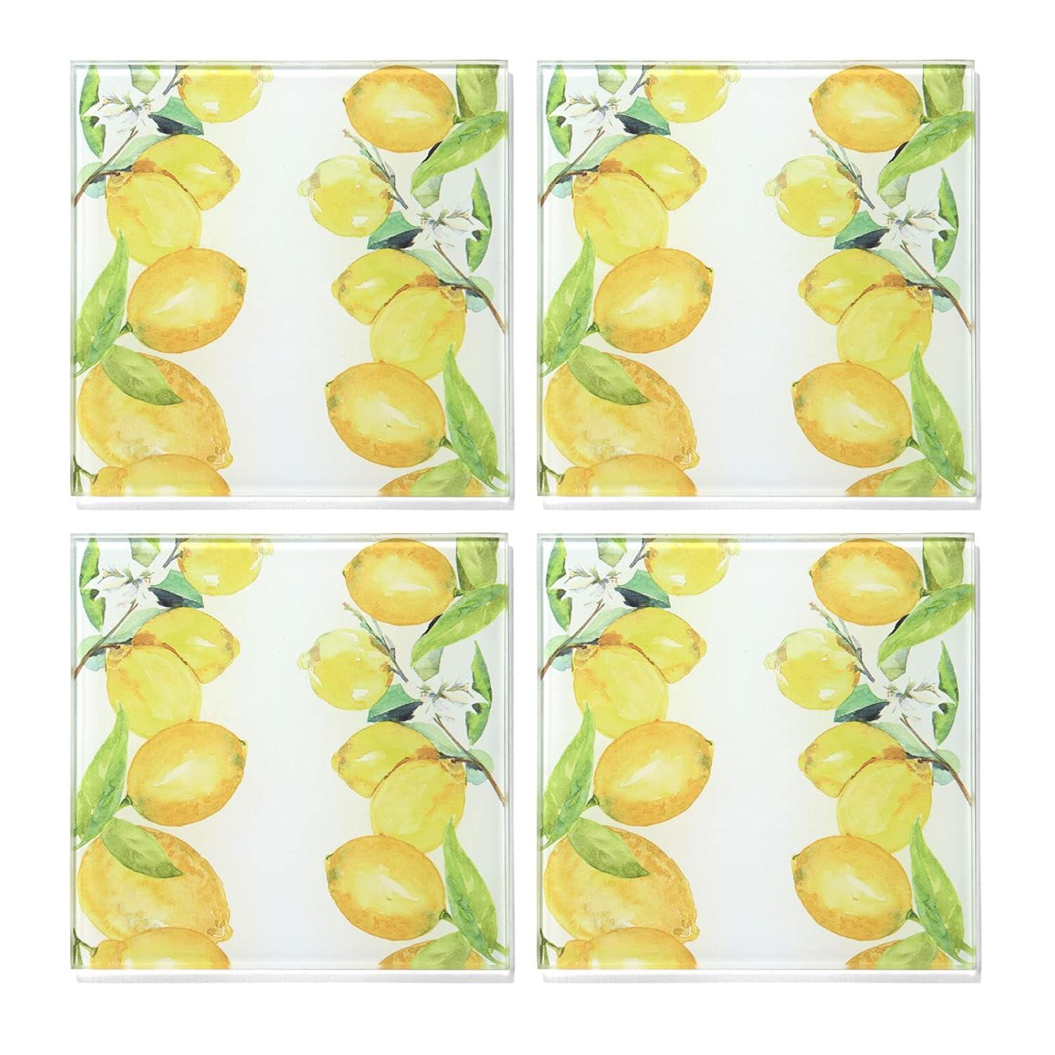 American Atelier, Square, Yellow Glass Drink Coasters (Lemon Branches), Set of 4