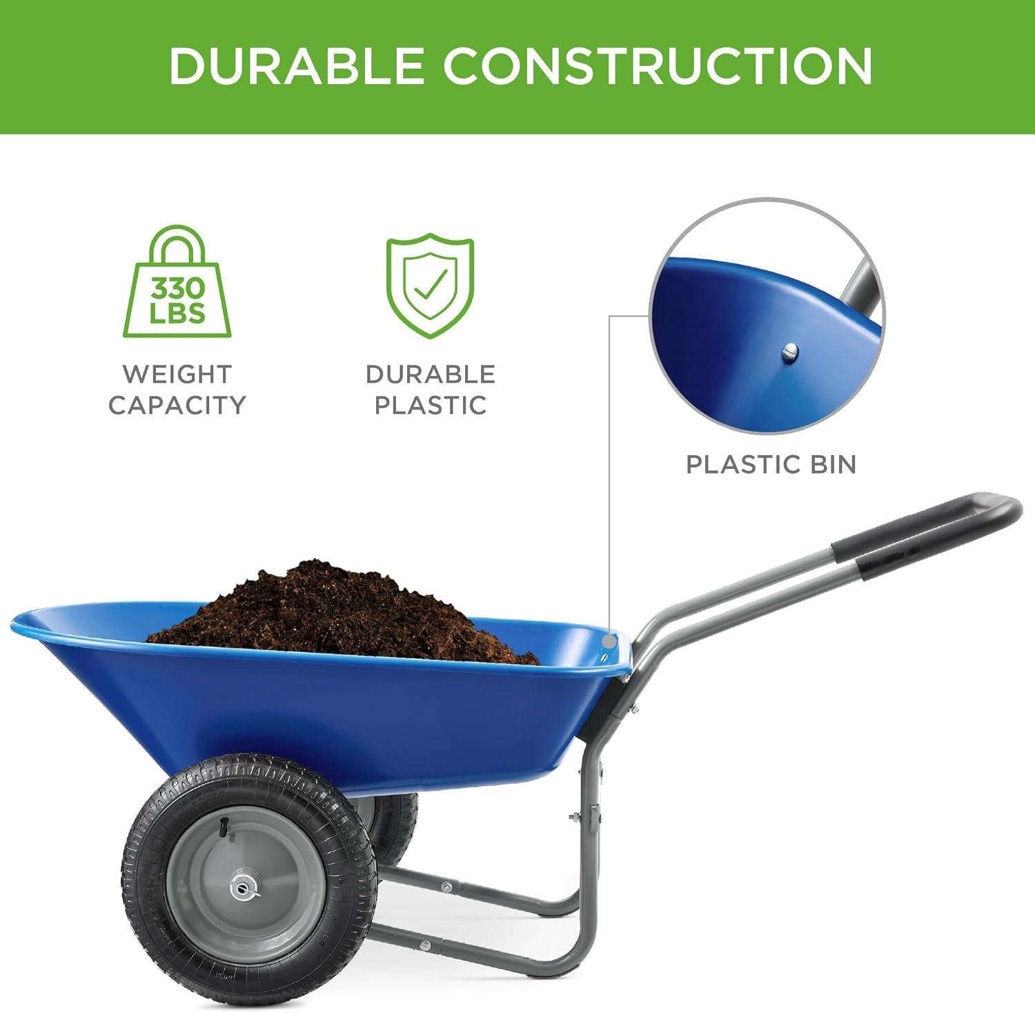 Best Choice Products Dual-Wheel Home Wheelbarrow Yard Garden Cart for Lawn, Construction - Blue