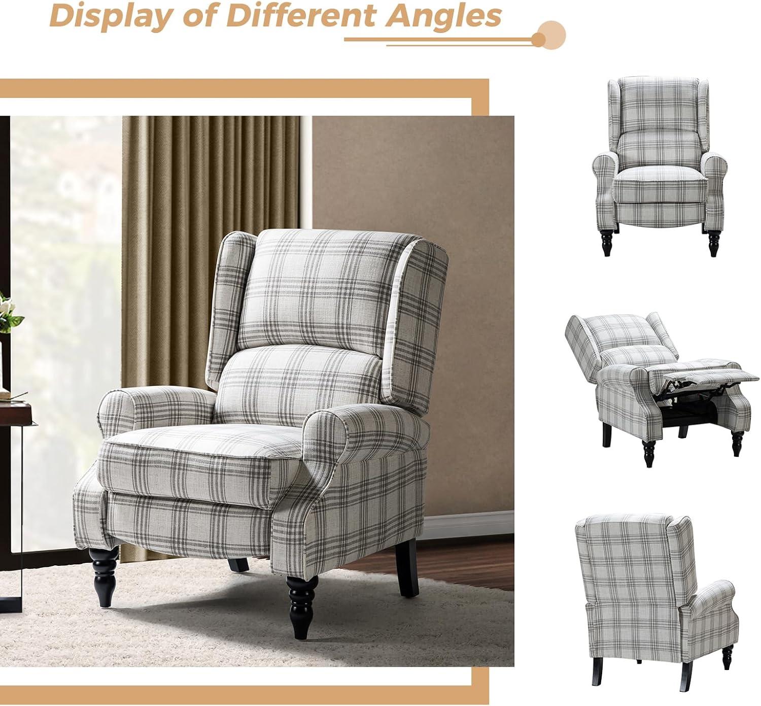 Grey Plaid Upholstered Wingback Recliner with Black Rubber Wood Legs