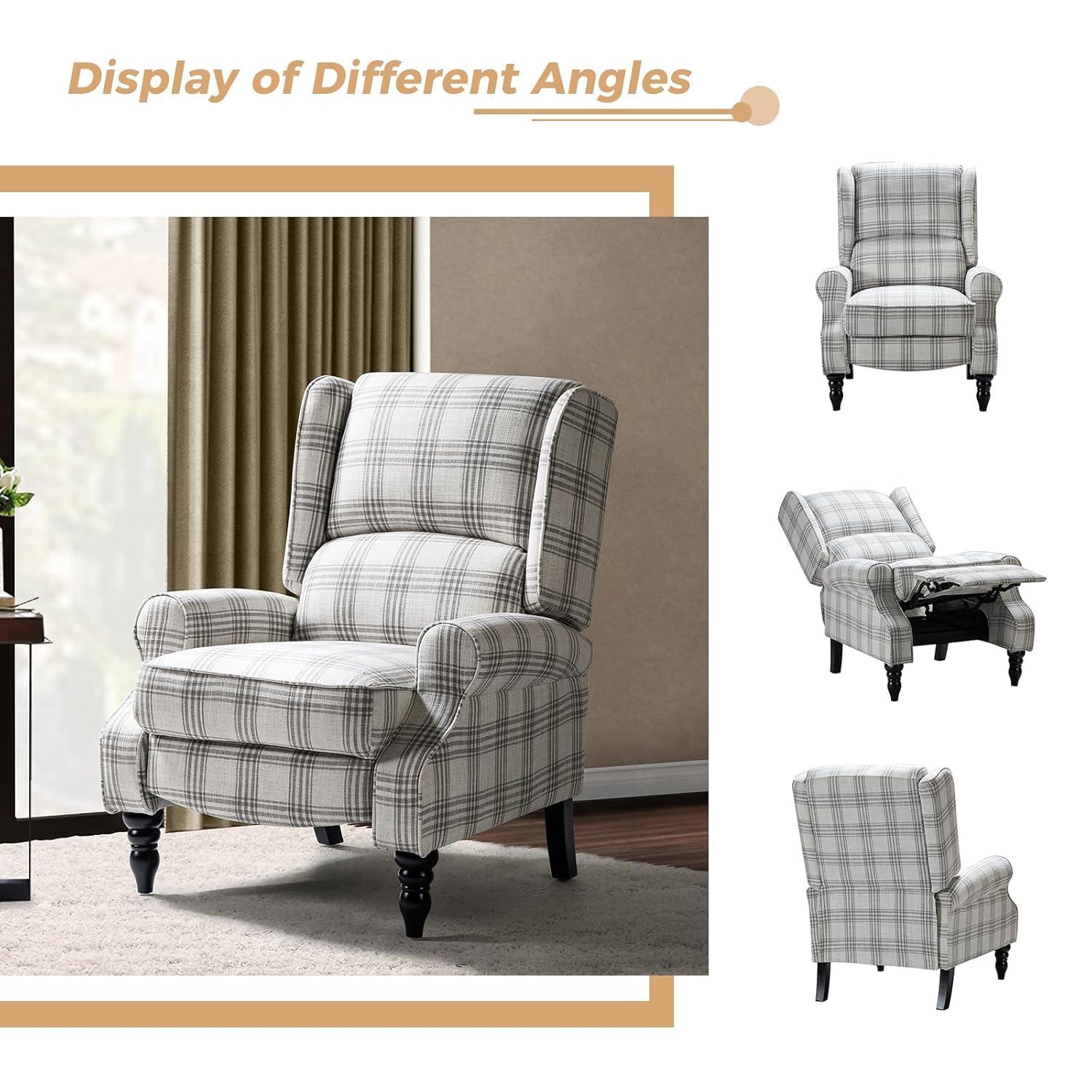 Grey Plaid Upholstered Wingback Recliner with Black Rubber Wood Legs