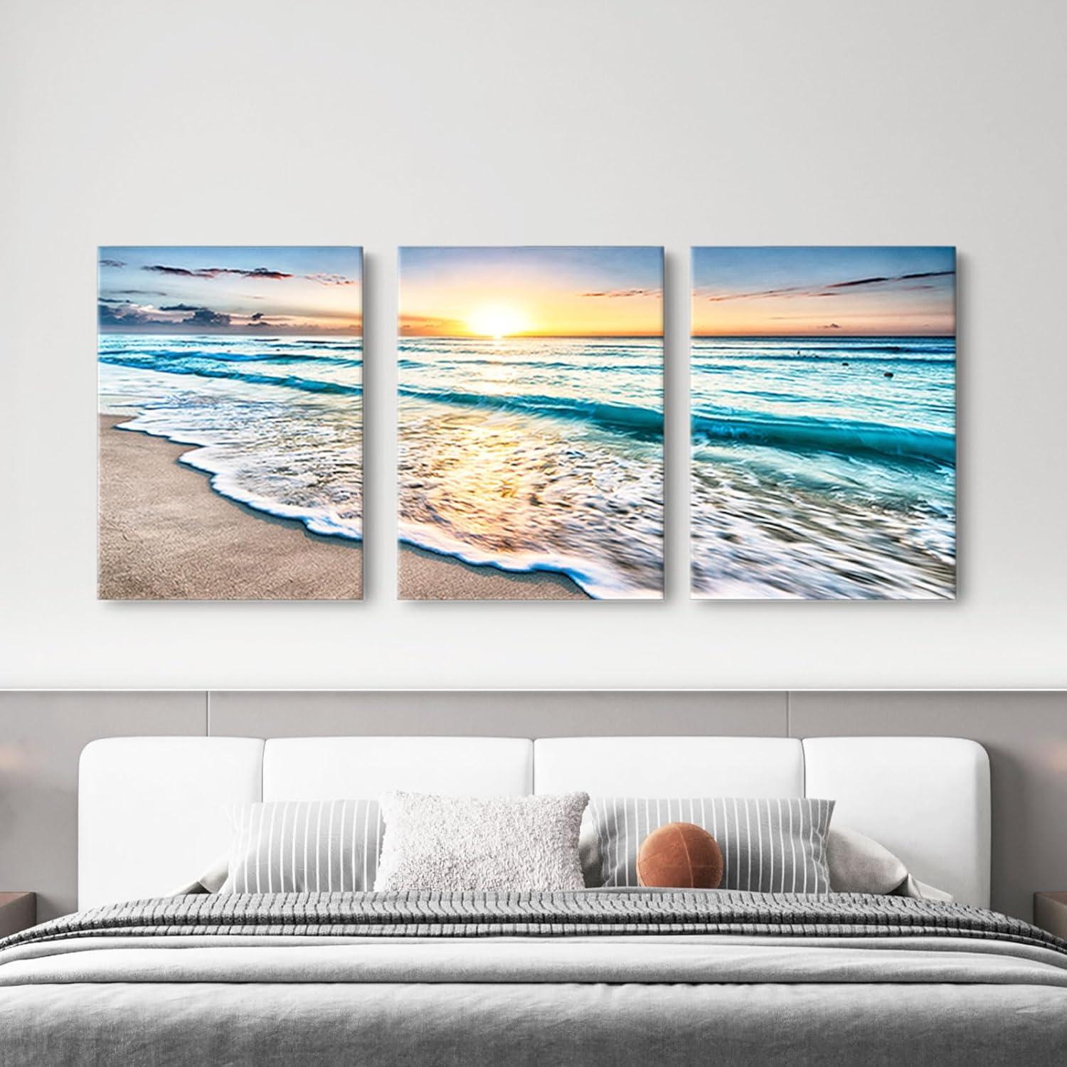Asdg12s-3 Panel Wall Art Blue Sea Sunset White Beach Painting The Picture Print On Canvas Seascape The Pictures for Home Decor Decoration,Ready to Hang