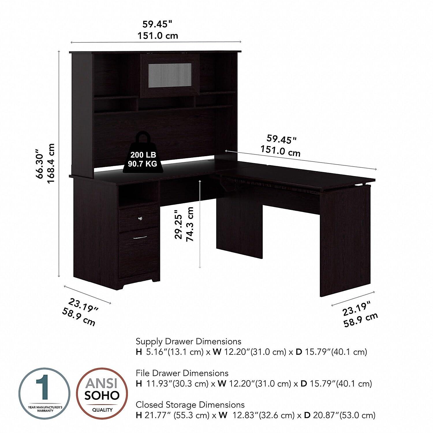 Cabot 60W 3 Position Sit to Stand L Desk & Hutch in Espresso Oak - Eng Wood