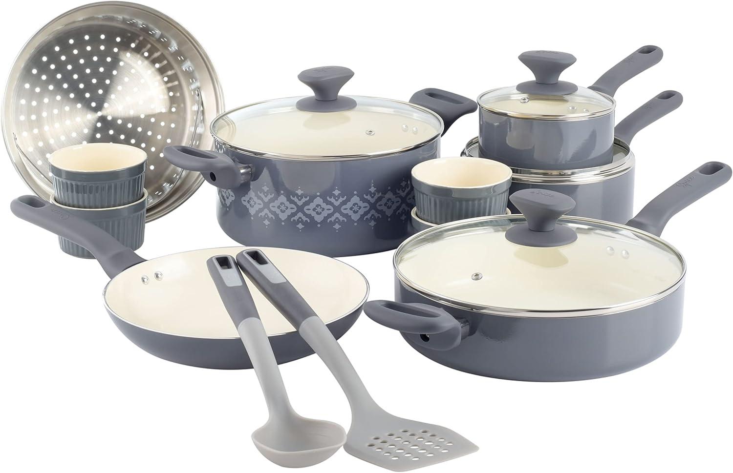 Gray 16-Piece Nonstick Ceramic Cookware Set with Enamel Finish