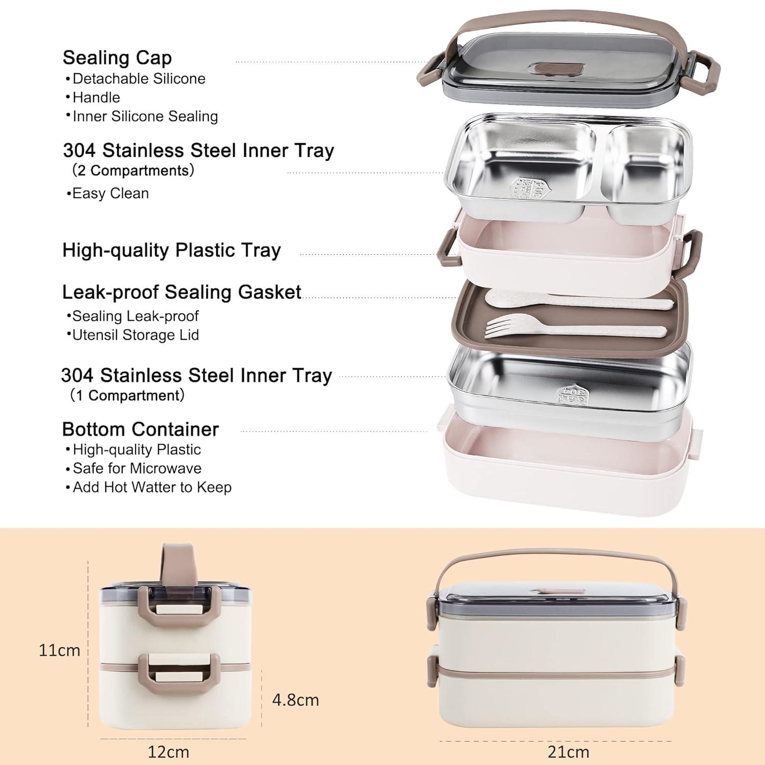 Stainless Steel Bento Box for Adults&Kids,Japanese Leakproof Lunch Box Divided Food Meal Storage Containers Set Stackable 2 Layer for Children School Picnic Green