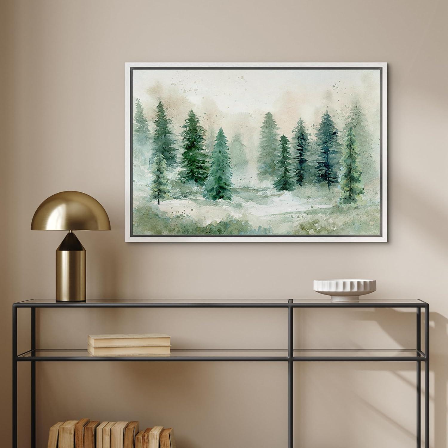 Woodland Forest Landscape " IDEA4WALL Framed Canvas Print Wall Art Woodland Nursery Decor Pastel Green Pine Tree Forest Landscape Nature Wilderness Fine Art Decorative Rustic For Living Room, Bedroom, Office "