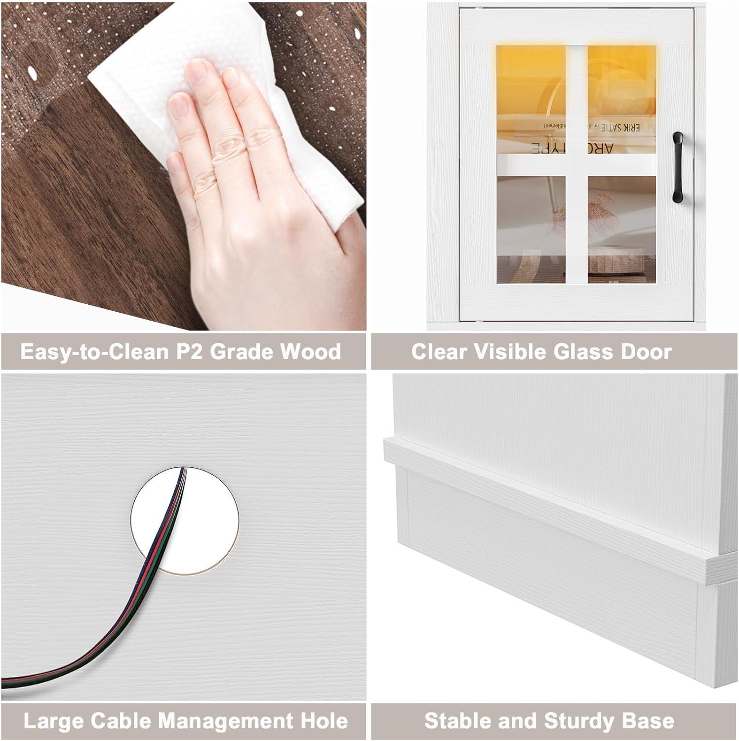 TV Stand for 65 Inch TVs,Farmhouse Entertainment Center with LED Lights and Charging Station,TV Cabinet/Console Table with Adjustable Shelves and Glass Doors for Living Room White+Walnut