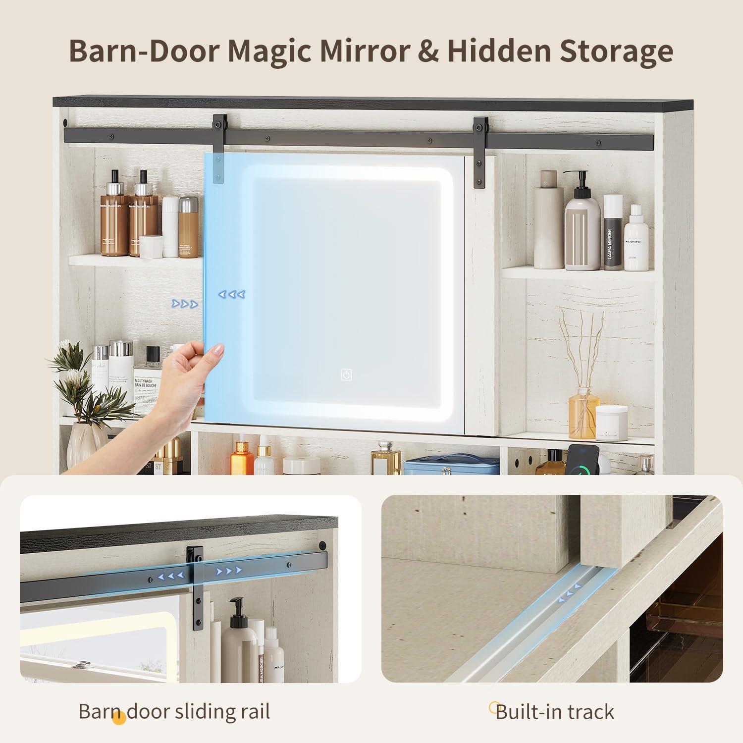 Farmhouse Makeup Vanity Desk with Sliding Lighted Mirror, Glass Top Vanity Desk with Power Outlet, Rustic Vanity Set, Antique White