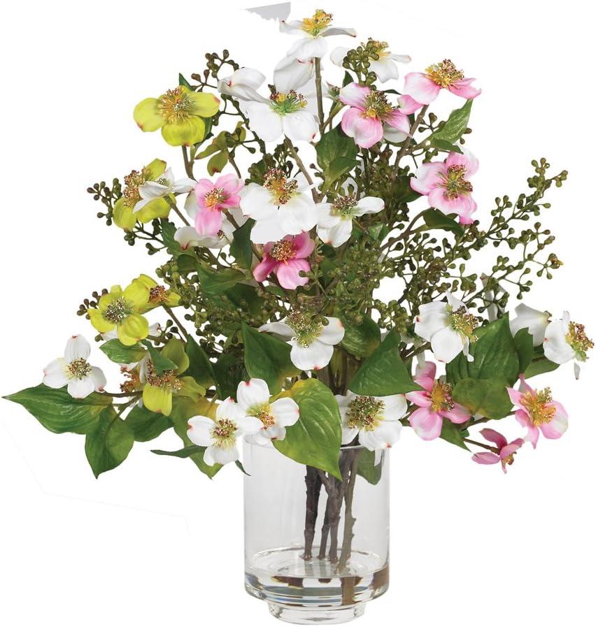 Dogwood Silk Flower Arrangement in Clear Glass Vase