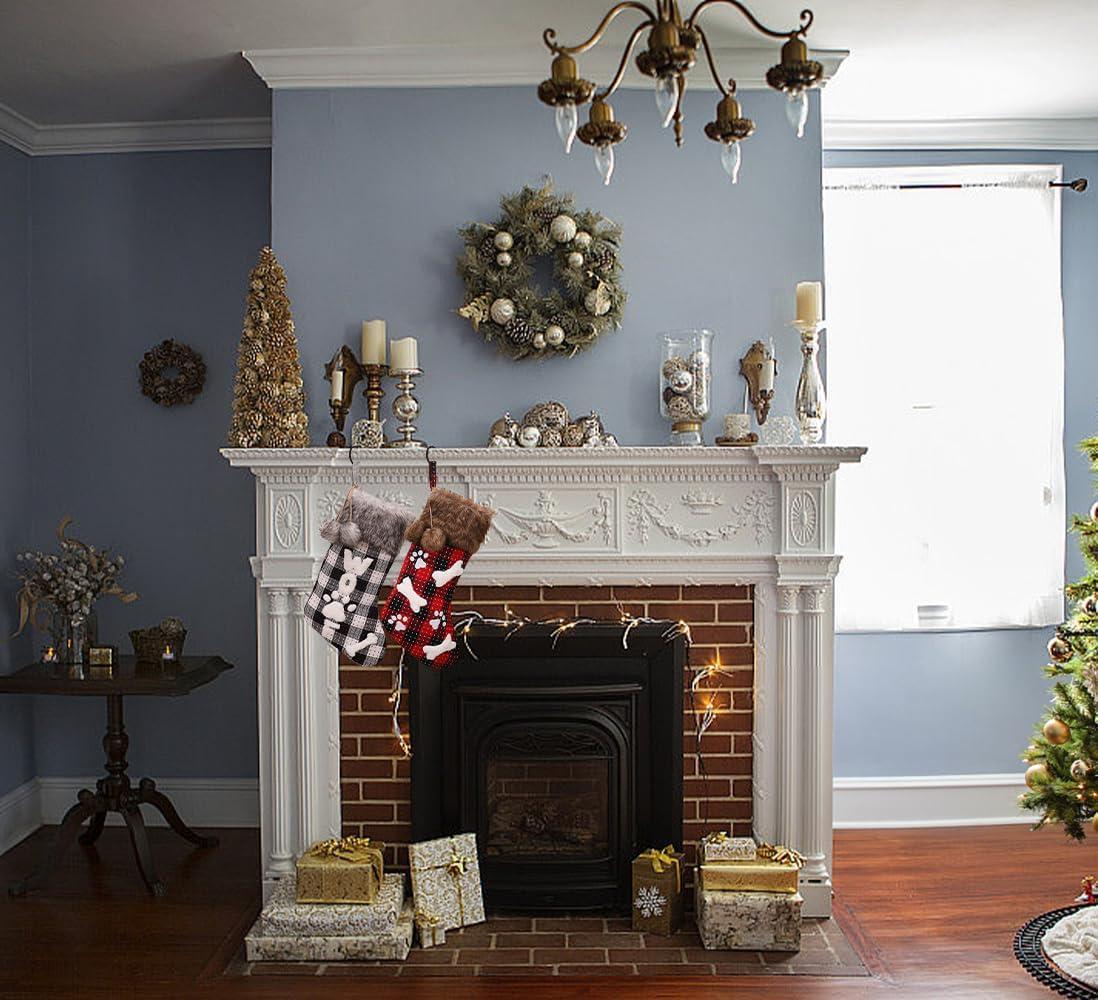 Christmas Stockings Set, 18'' Black Red Buffalo Plaid Christmas Stockings Hanging Ornaments Soft Faux Fur Pet Paw Christmas Stockings Plush Fireplace Hanging Stockings for Christmas Holiday Xmas Gift