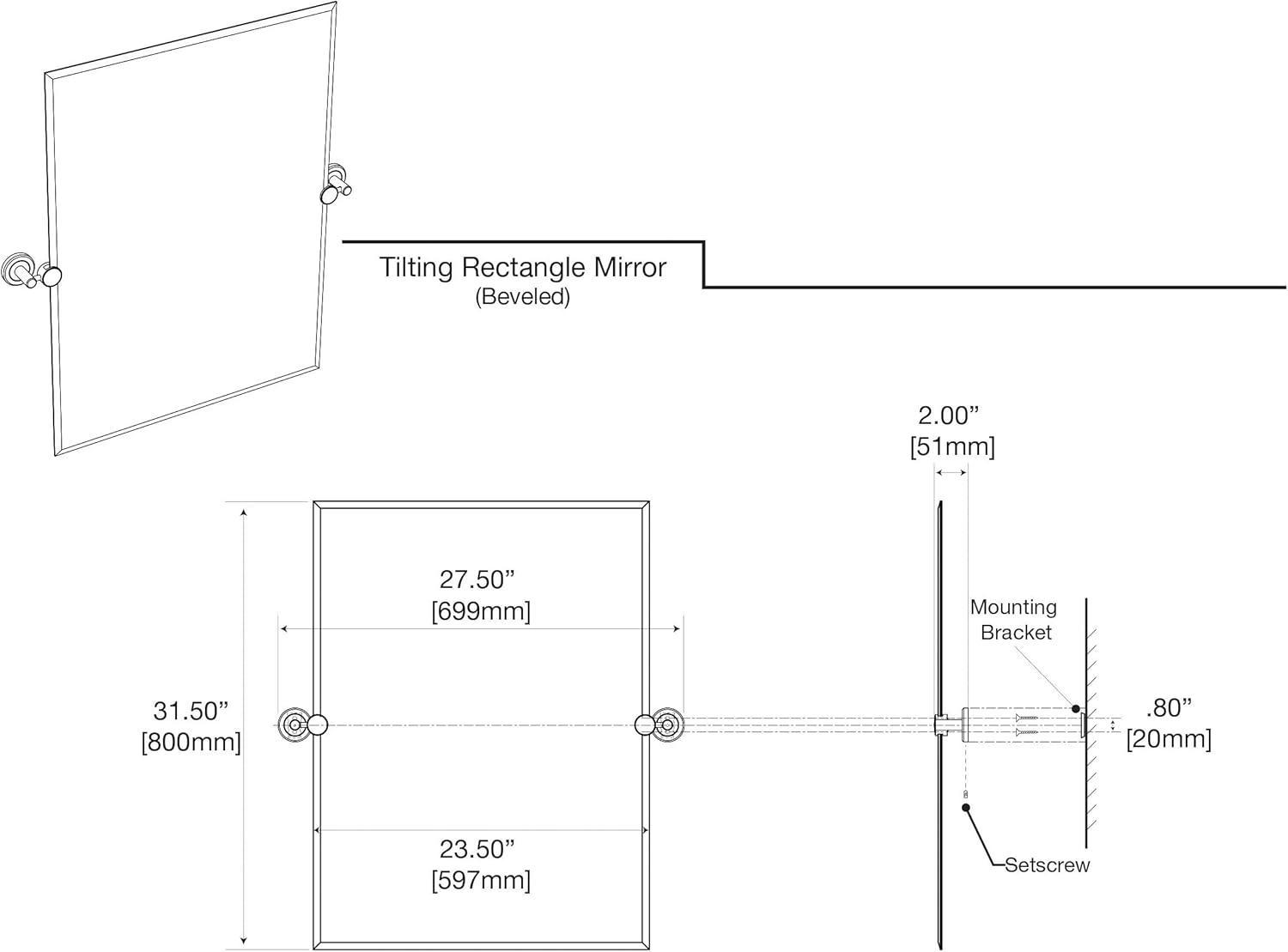 Latitude II Wall Mounted Frameless Beveled Rectangle Mirror | Pivoting Bathroom Vanity Wall Mirror