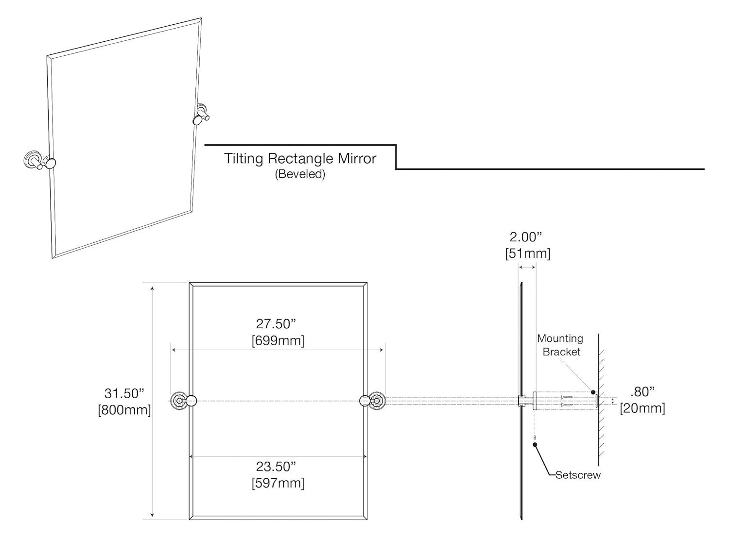 Latitude II Wall Mounted Frameless Beveled Rectangle Mirror | Pivoting Bathroom Vanity Wall Mirror