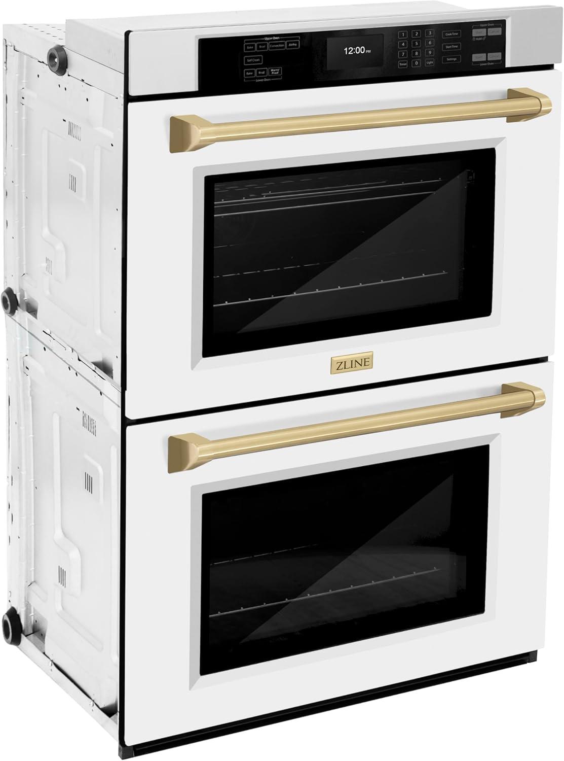 ZLINE 30 in. Autograph Edition Professional True Convection Double Wall Oven with Air Fry and Self Clean in Stainless Steel with White Matte Doors and Champagne Bronze Handles (WADZ-WM-30-CB)