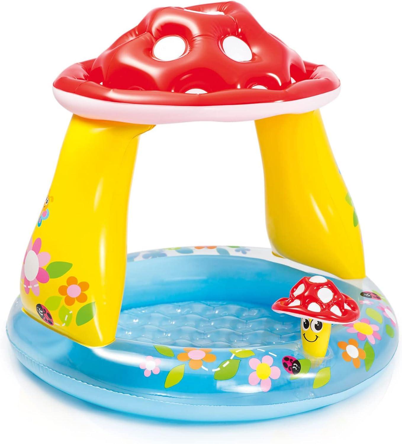 INTEX 57114EP Mushroom Baby Pool: Built-In Mushroom Shade – Soft Inflatable Floor – Durable Vinyl – Ages 1-3 – 40" x 35"