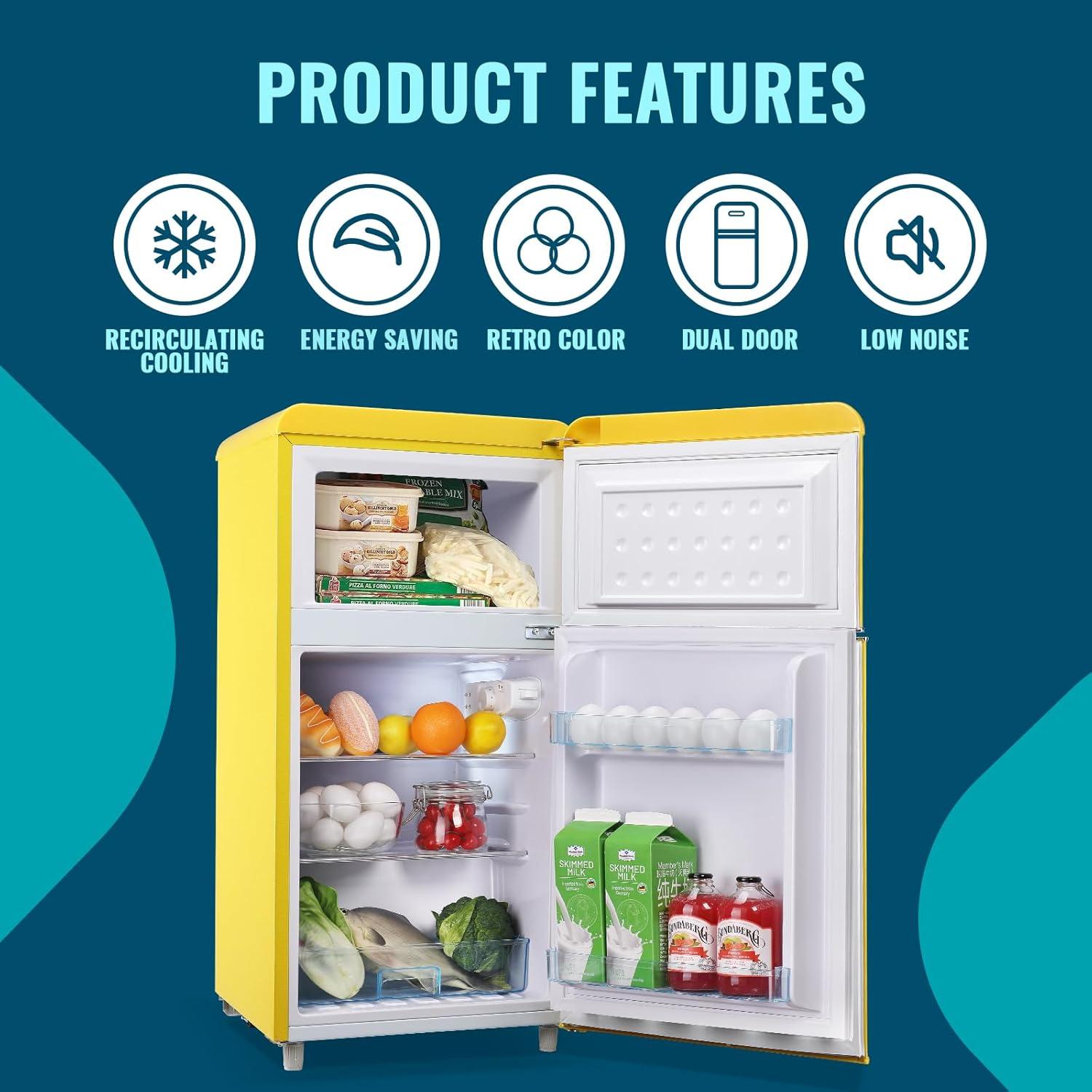 WANAI Compact Refrigerator 3.5 Cu.ft 2 Door Mini Refrigerator Adjustable Glass Shelves Refrigerator, Ideal for Apartment Dorm and Office, Yellow