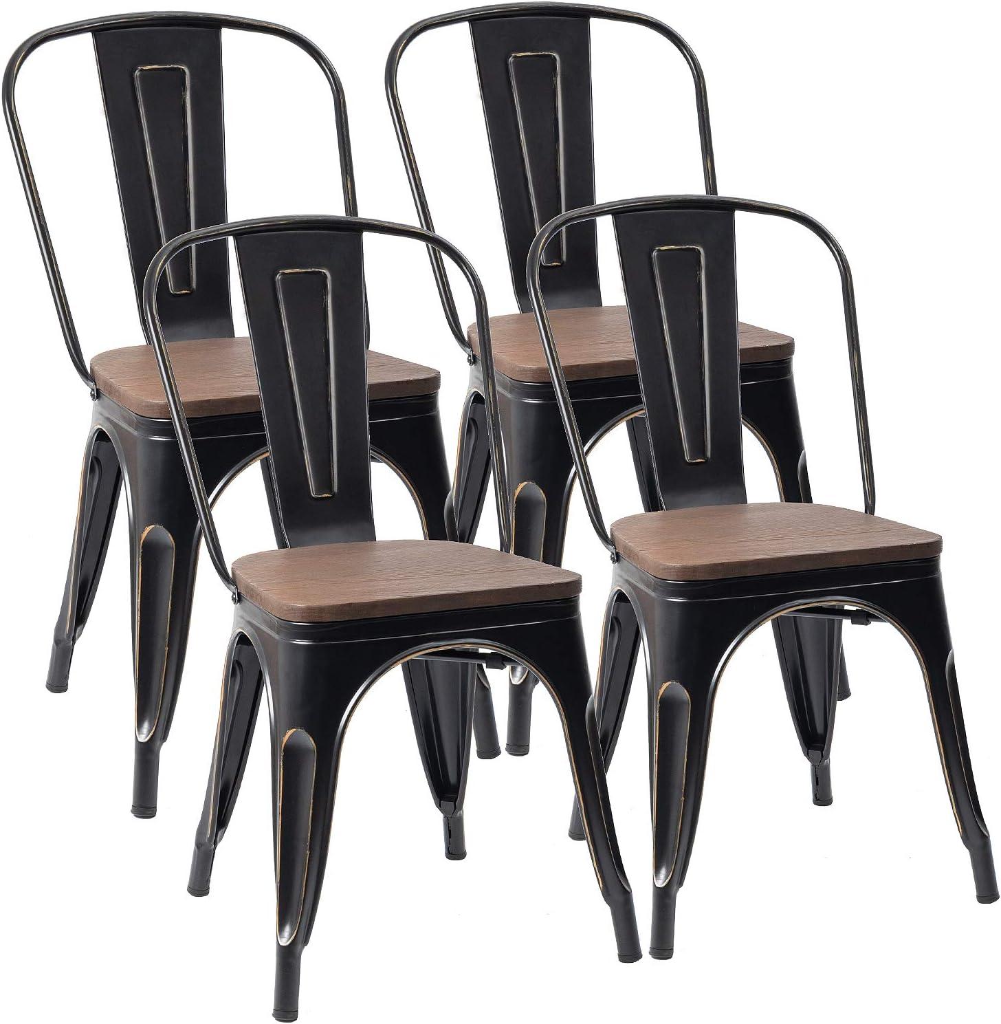 Furmax Metal Dining Chair Indoor Outdoor Use Stackable Chic Side Classic Trattoria Metal Chairs Set of 4 for Kitchen, Dining Room, Bistro and Cafe (Distressed White)