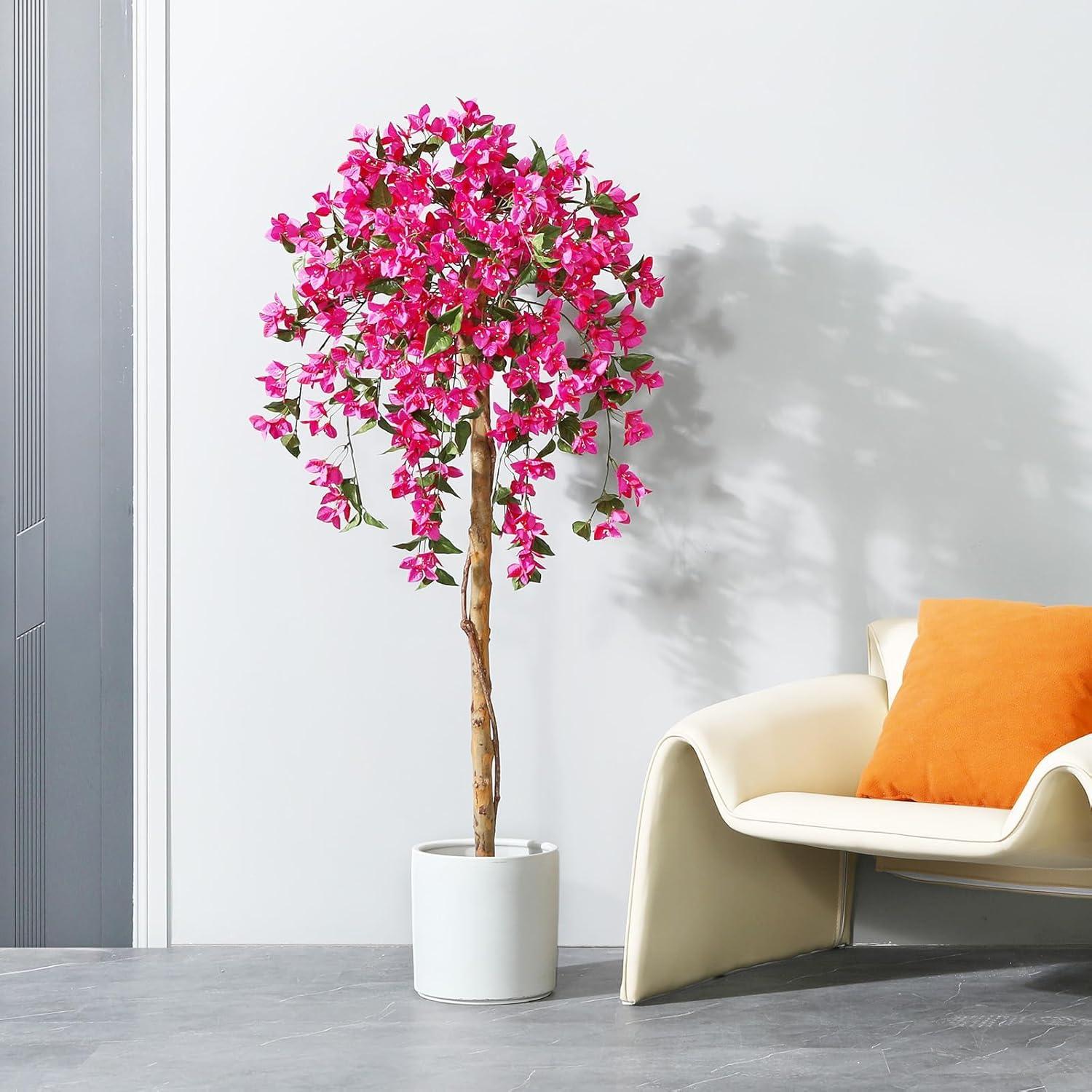 5FT Artificial Bougainvillea Tree Potted Fake Plant with Wood Trunk and Pink Flowers for Indoor Office Wedding Home Decor