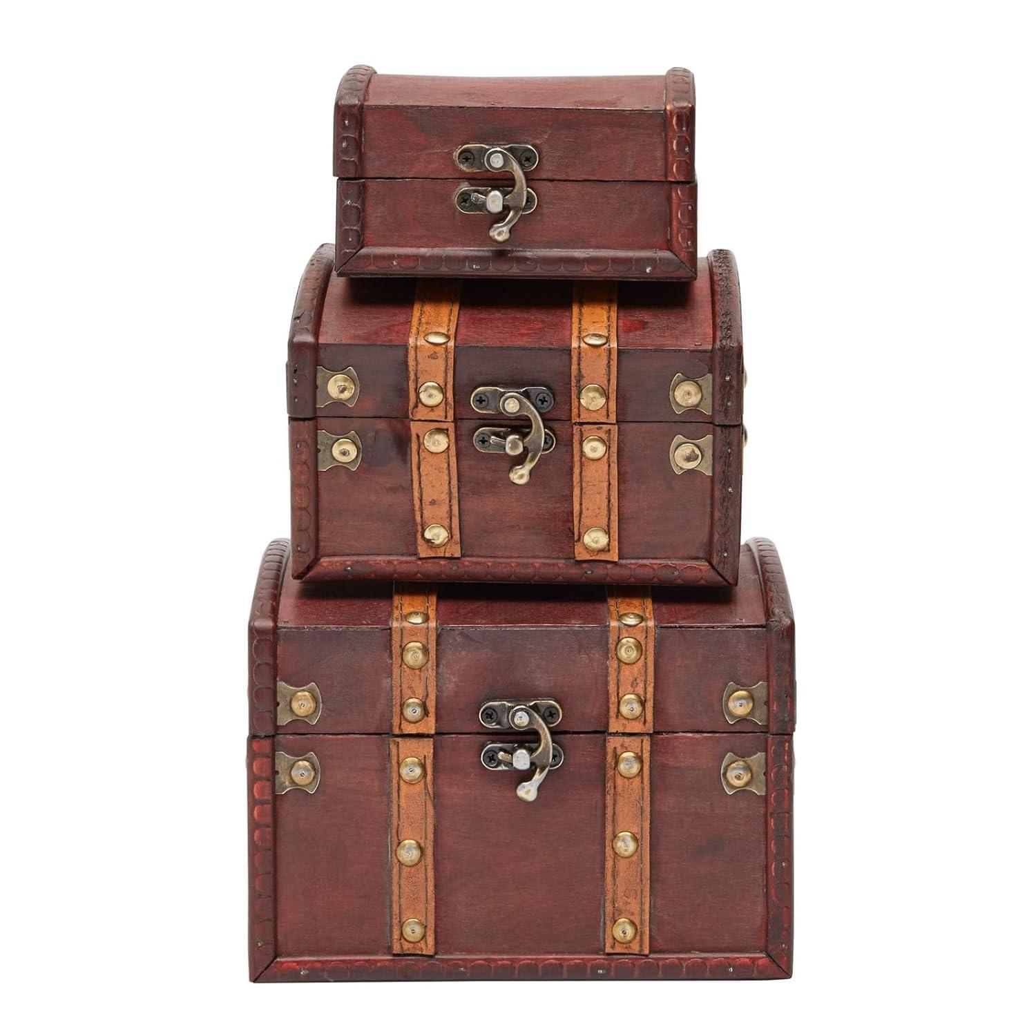 Juvale Set of 3 Small Wooden Treasure Chest Boxes, Decorative Vintage Style Storage Boxes for Jewelry Keepsakes (3 Sizes)