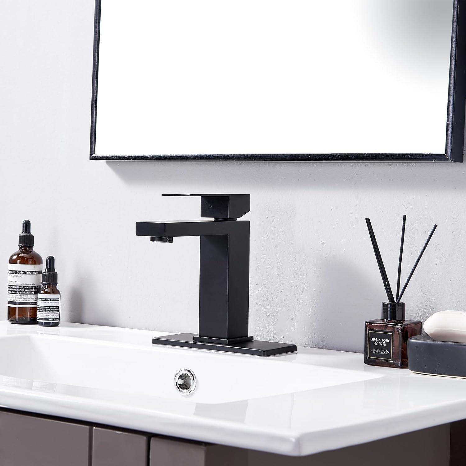 Matte Black Single Hole Bathroom Faucet,Vanity Faucet Modern Commercial RV with Deck Plate for 1 or 3 Hole, Single Handle Stainless Steel Bathroom Sink Faucet with Pop-up Drain
