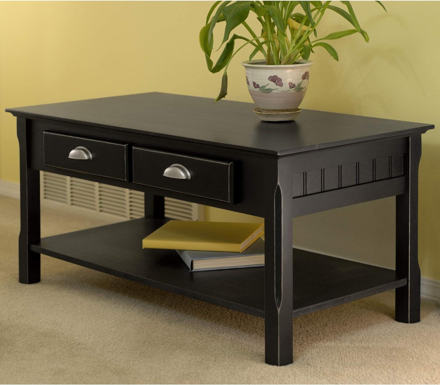 Black Rectangular Wood Coffee Table with Storage Drawers