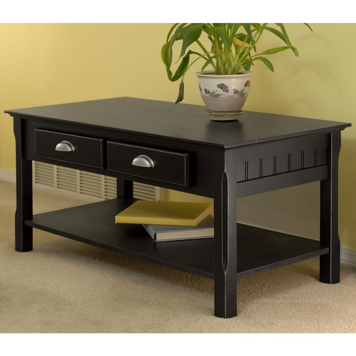 Timer Coffee Table, Drawers and Shelf - Black - Winsome: Solid Wood, Chrome Handle Accents