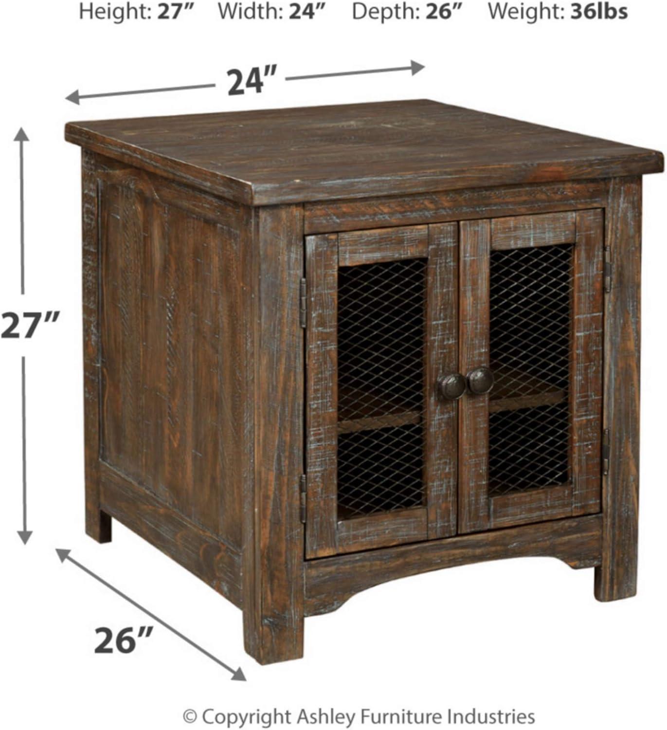 Danell Ridge Rectangular End Table Brown - Signature Design by Ashley: Farmhouse Mesh Cabinet Storage